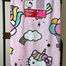 Hello Kitty Sanrio Pink Unicorn Ballons Rainbows Clouds Throw Blanket. 50x70