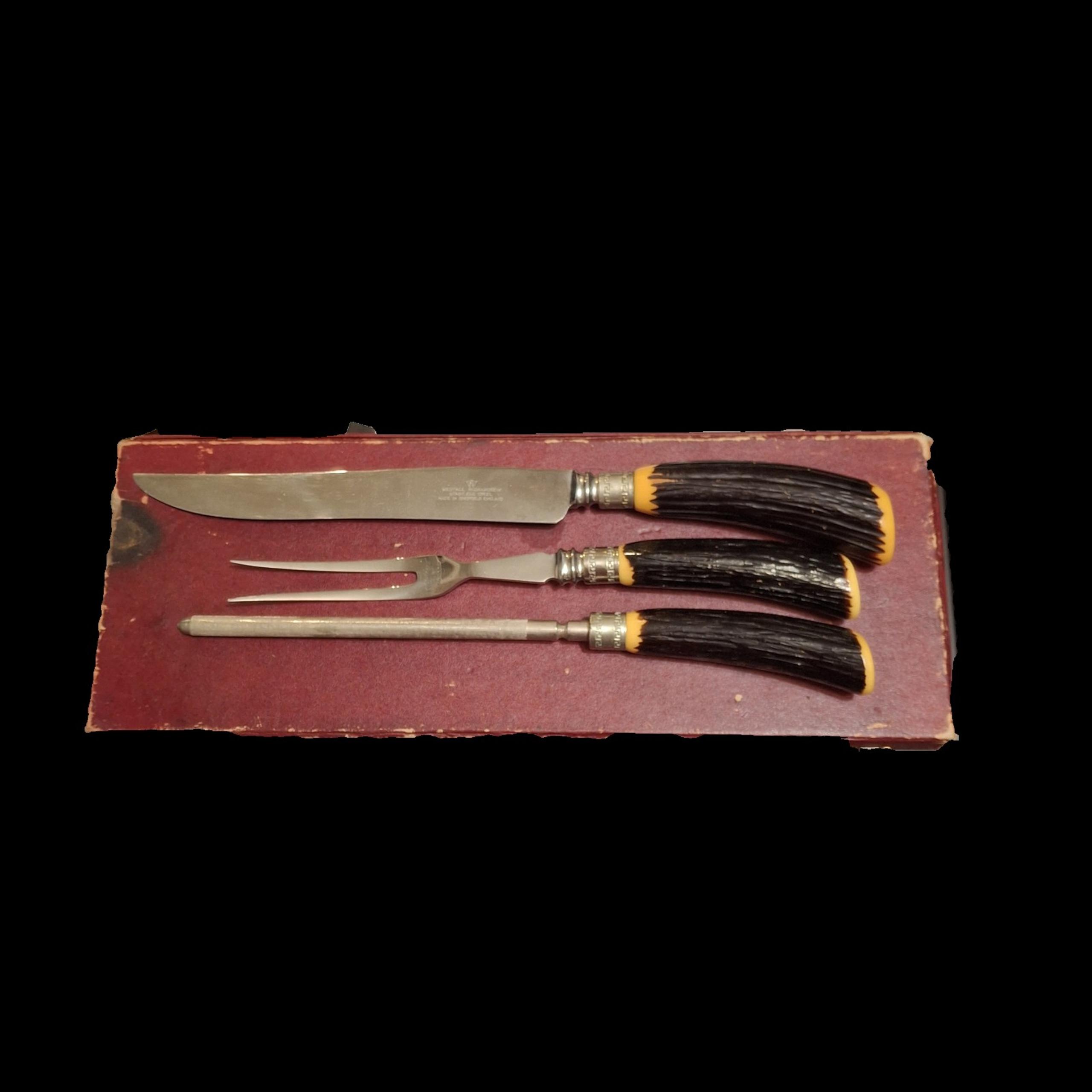 Vintage Regent Sheffield Carving Set with Bakelite Stag Antlers Handles in Box