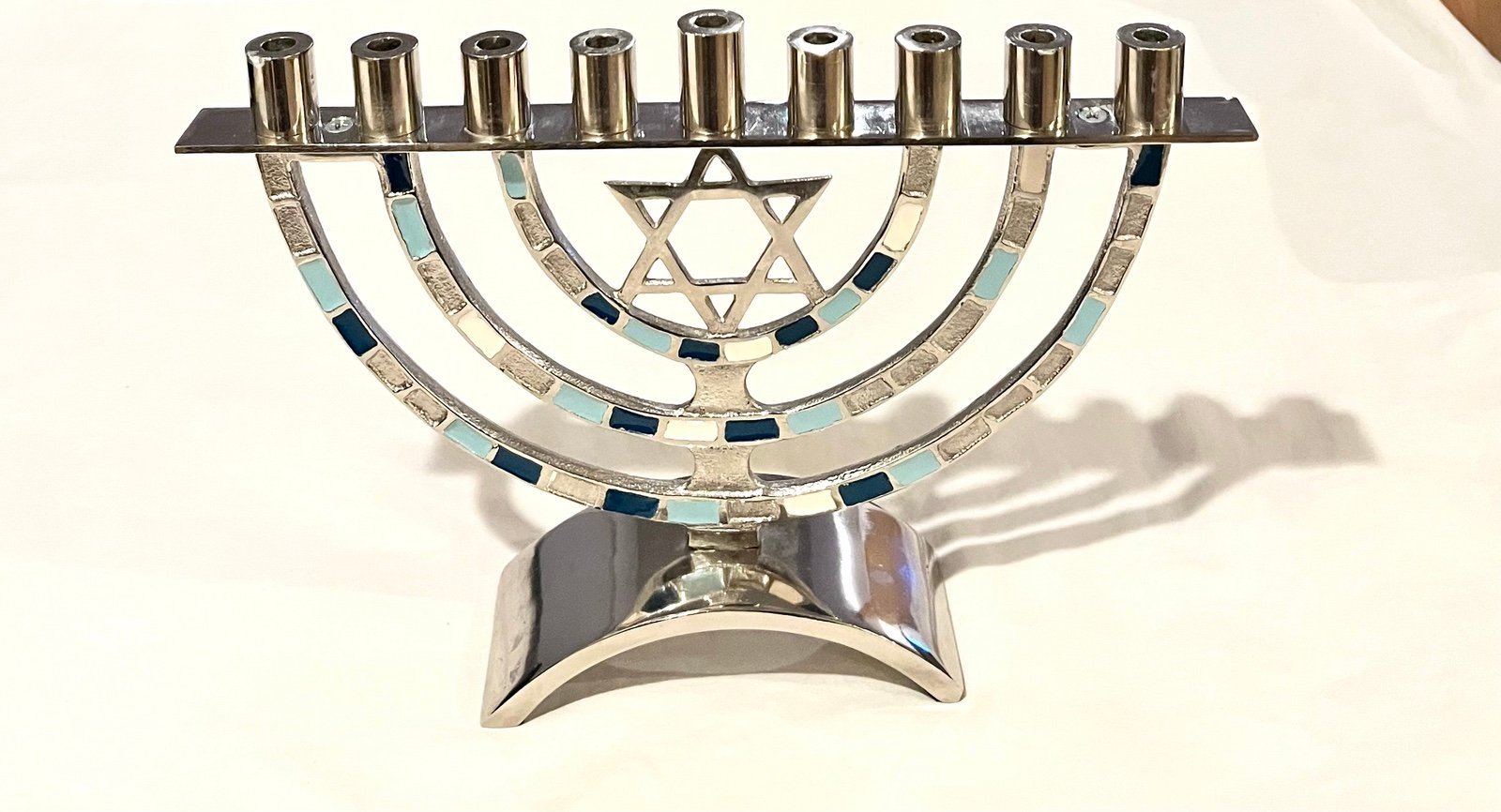 Hanukkah Menorah Chrome With Mosaic Type Branches ,White Blue Silver Panels