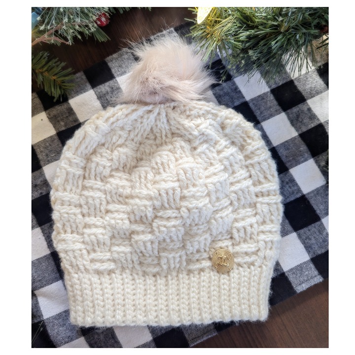 HANDMADE Crochet Cream Plaid Beanie w/ Authentic Chanel Accent Button