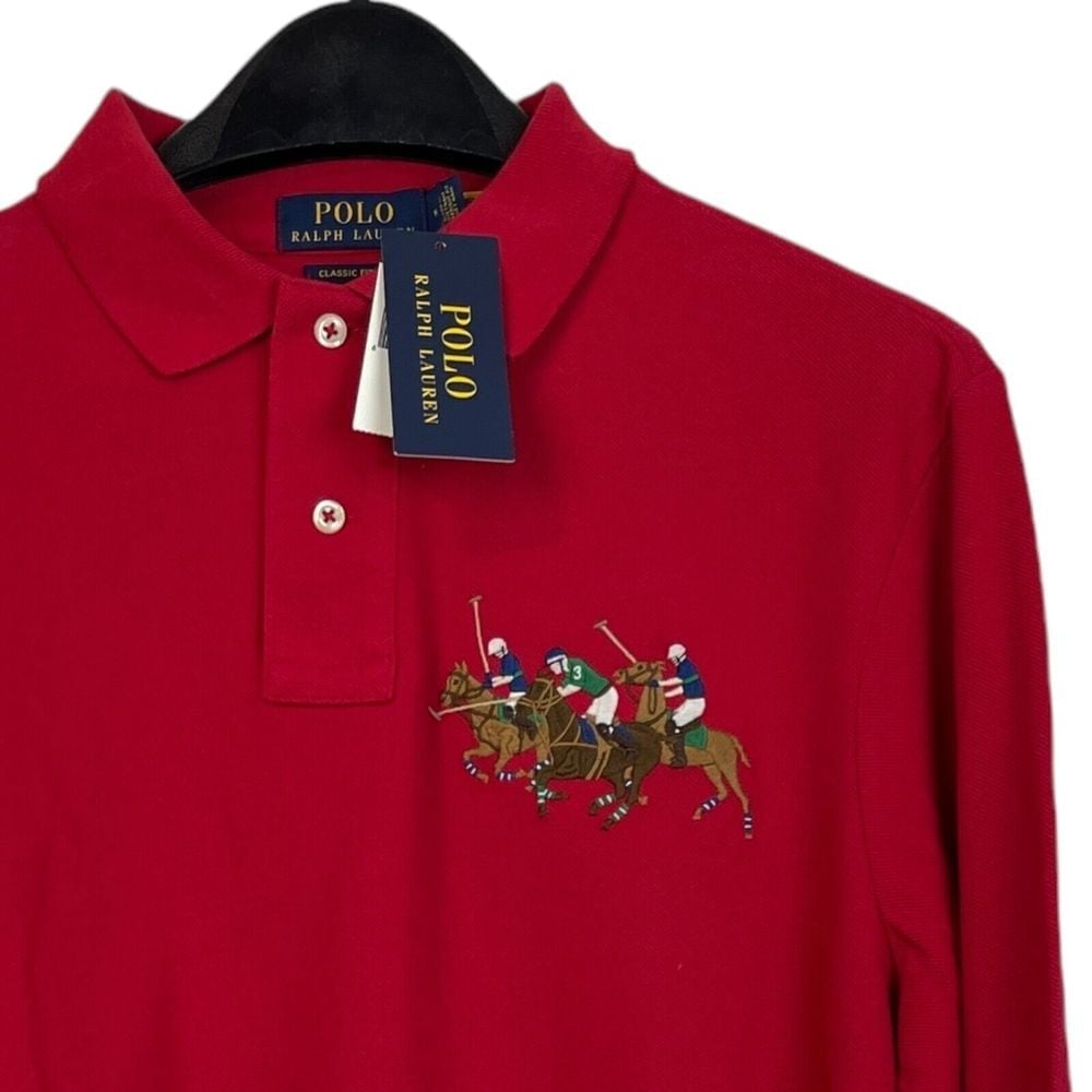 NEW Polo Ralph Lauren Mens M Big Triple Pony Equestrian LONG SLEEVE Polo Red #3