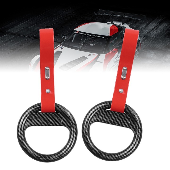 Brand New 2PCS Round Carbon Fiber JDM TSURIKAWA Red Handle Strap Charm Drift