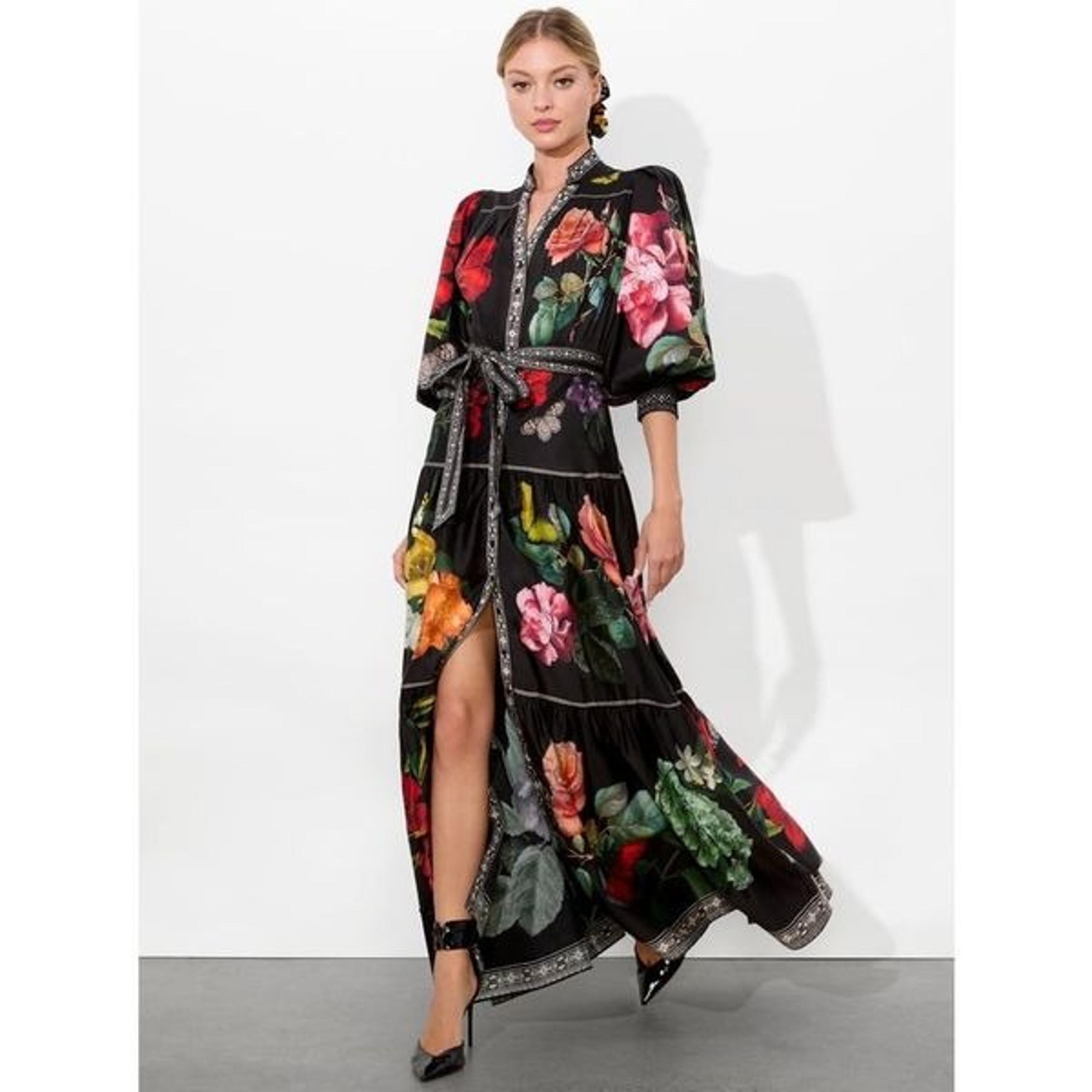 Alice + Olivia Womens Black Cora Floral Voluminous Tiered Maxi Dress Medium NWOT