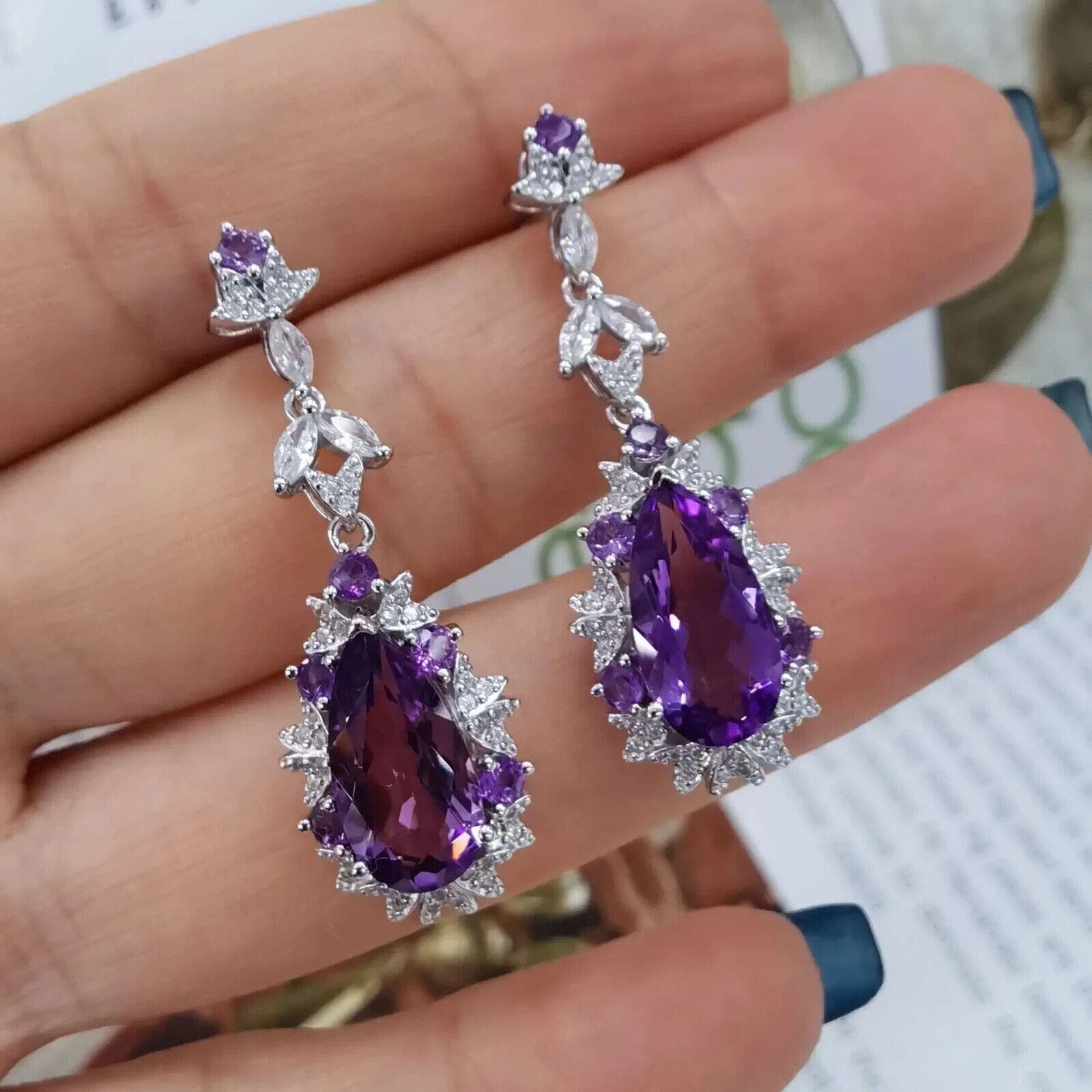 Large Amethyst Statement Earrings, Natural Amethyst Dangle Earrings
