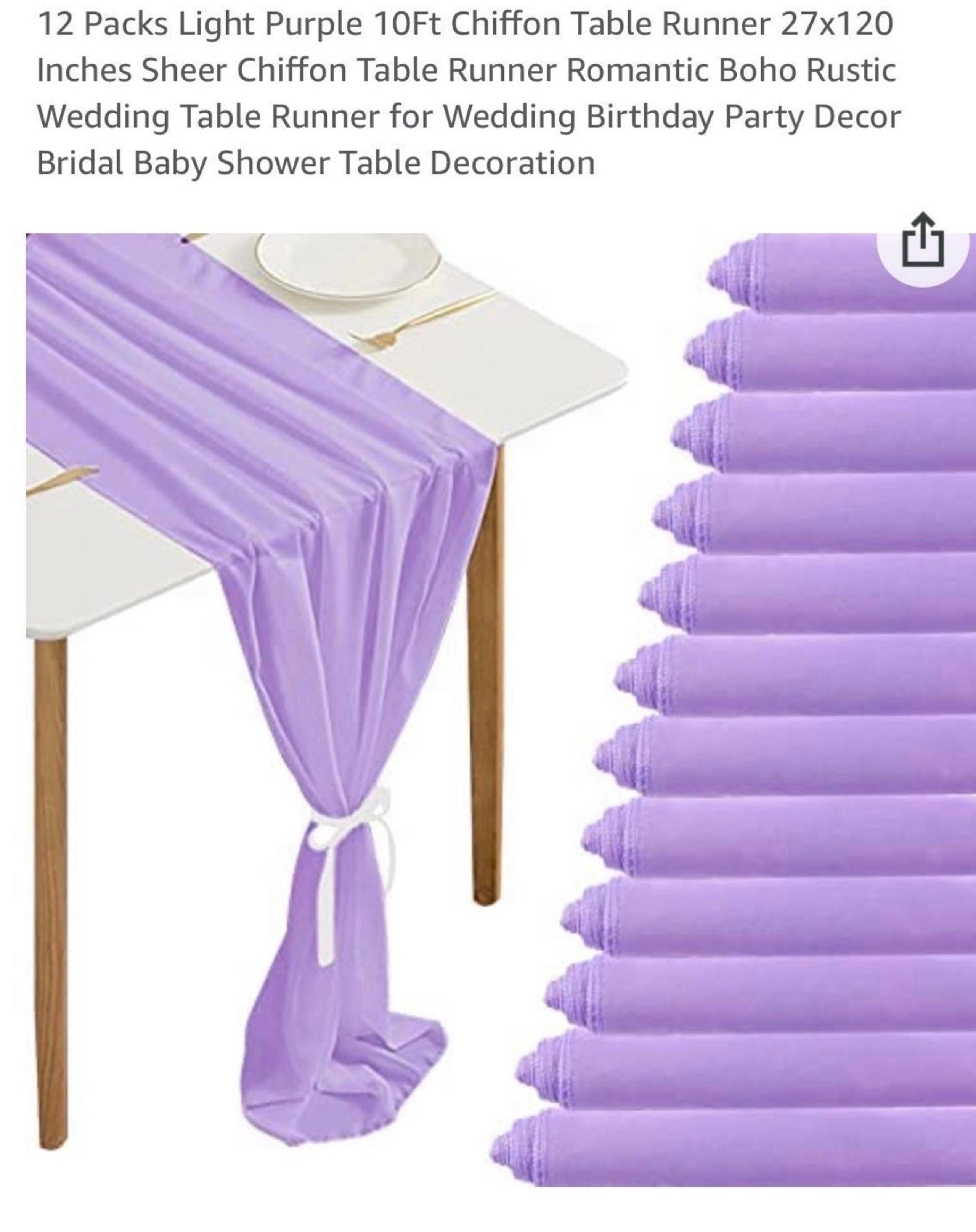 Set of 12 New 10 Ft Lavender Sheer Chiffon Table Runners 27x120 Inches.