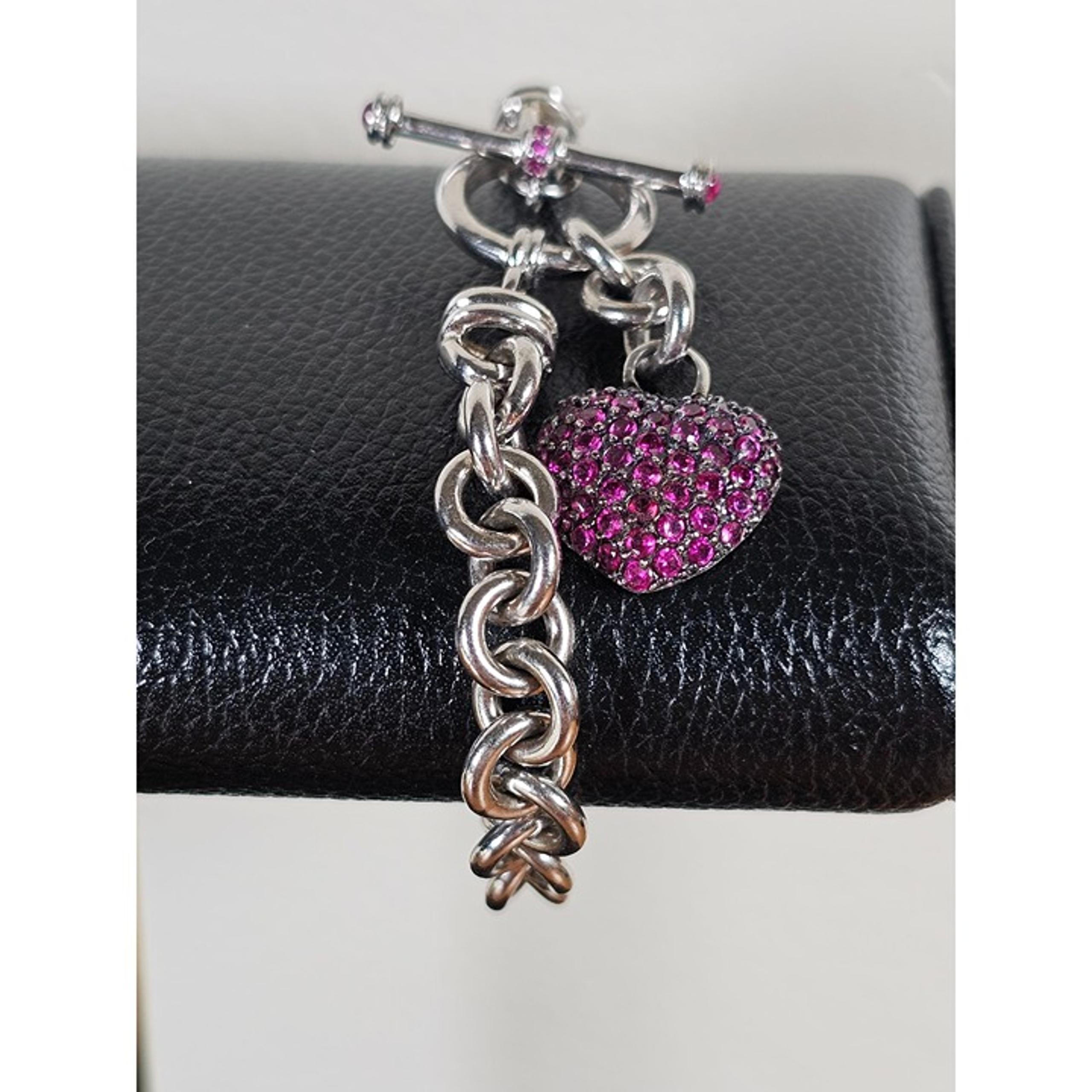 Kay Jewelers Sterling Silver Pave Pink Lab Created Sapphire Heart Charm Bracelet