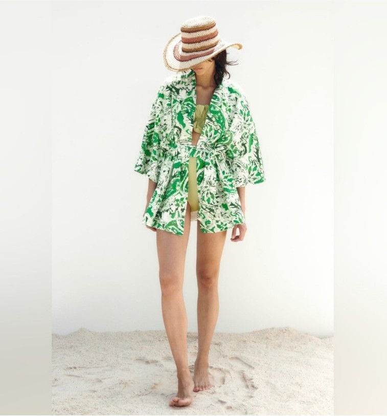 ZARA LINEN BLEND PRINTED KIMONO SIZE XS-S