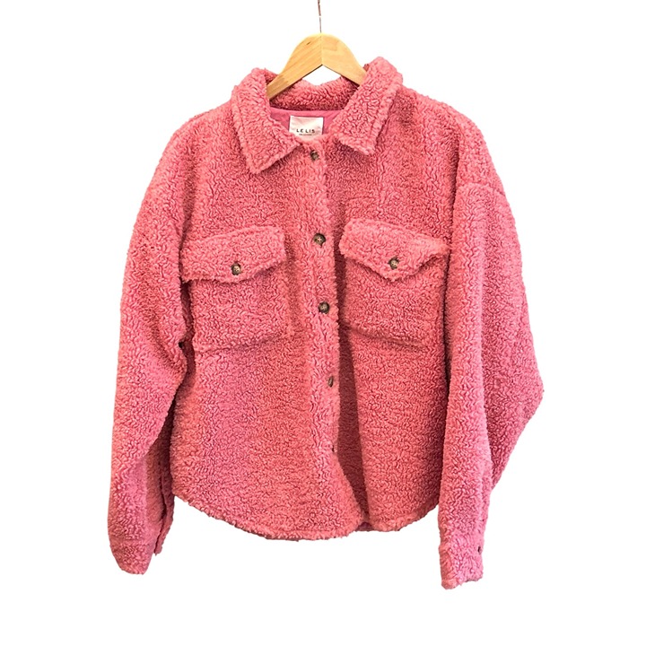 Le Lis Women's Pink Teddy Shacket Size Medium Button Front Casual Relaxed