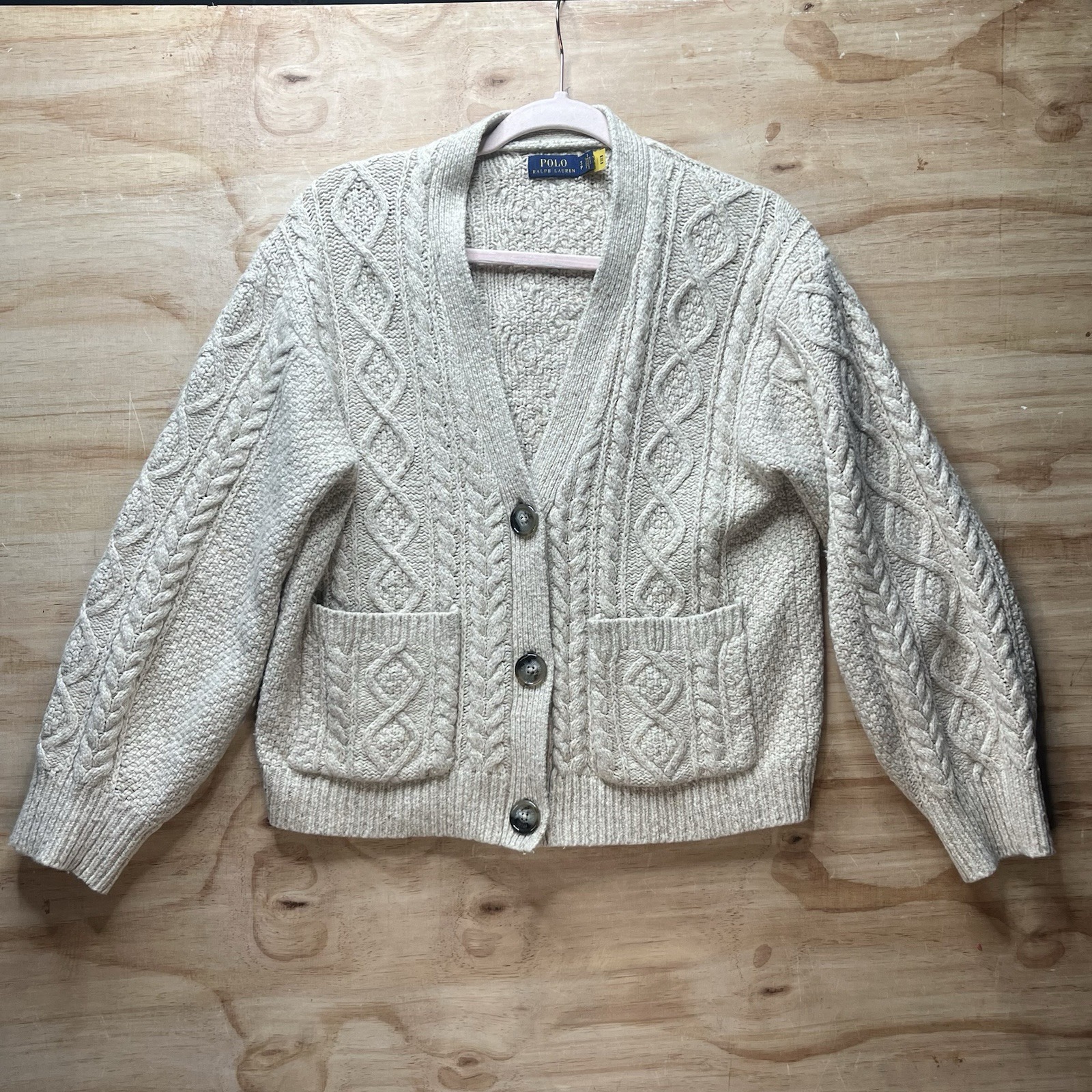 Polo Ralph Lauren Boyfriend Cardigan Sweater Beige Small Oversized. Chunky Cable