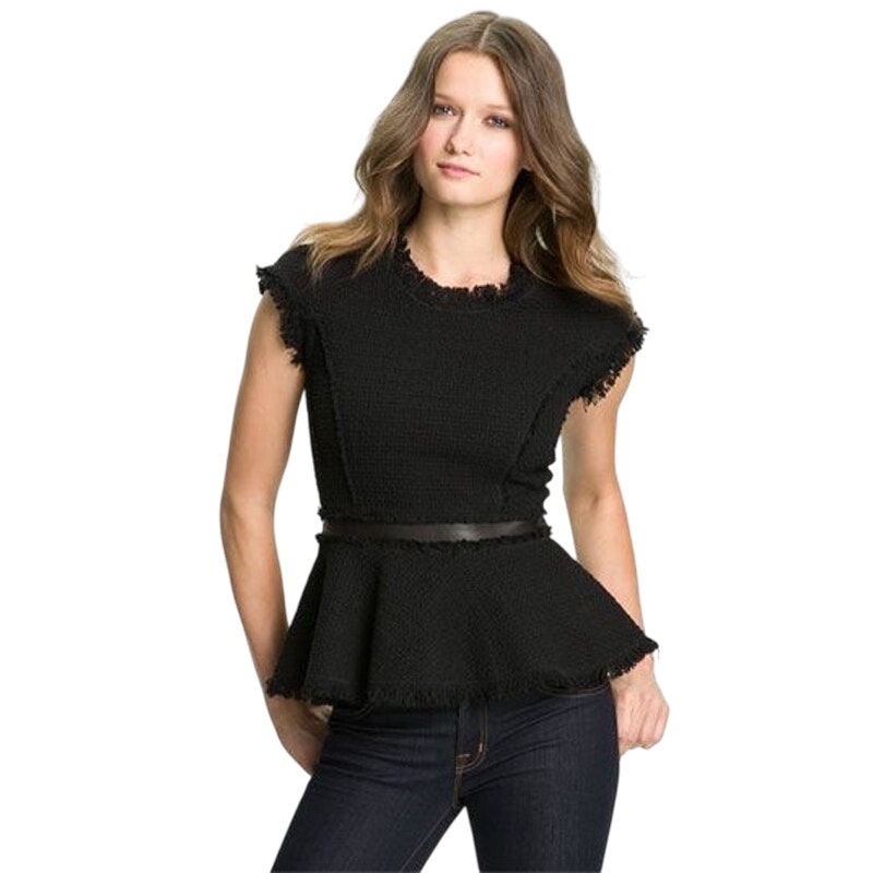 Rebecca Taylor Black Tweed Peplum Fringe Leather Trim Wool Cap Sleeve Top 2