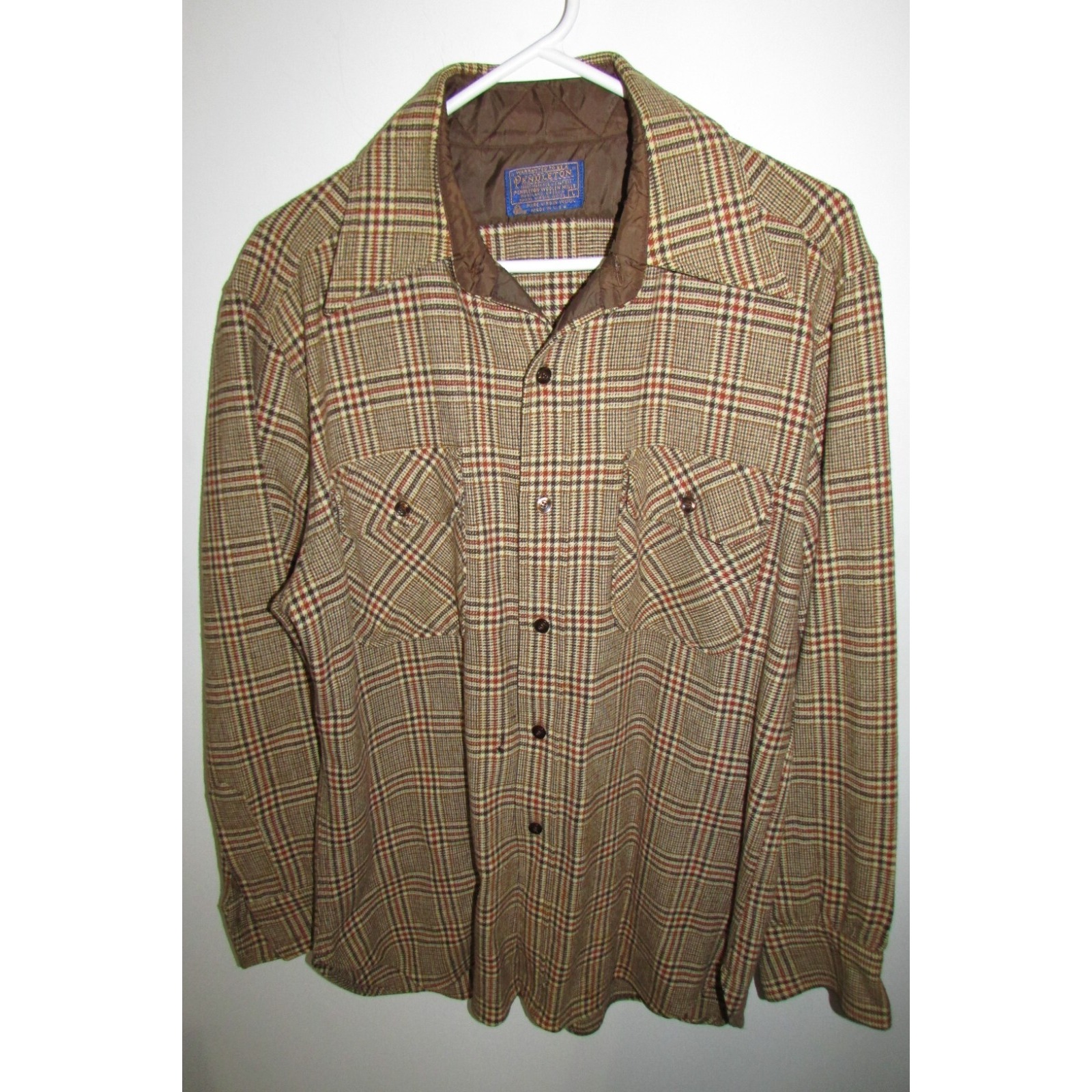 VTG Pendelton 100% Virgin Wool Brown Plaid Flannel Mens Size L Large USA Made