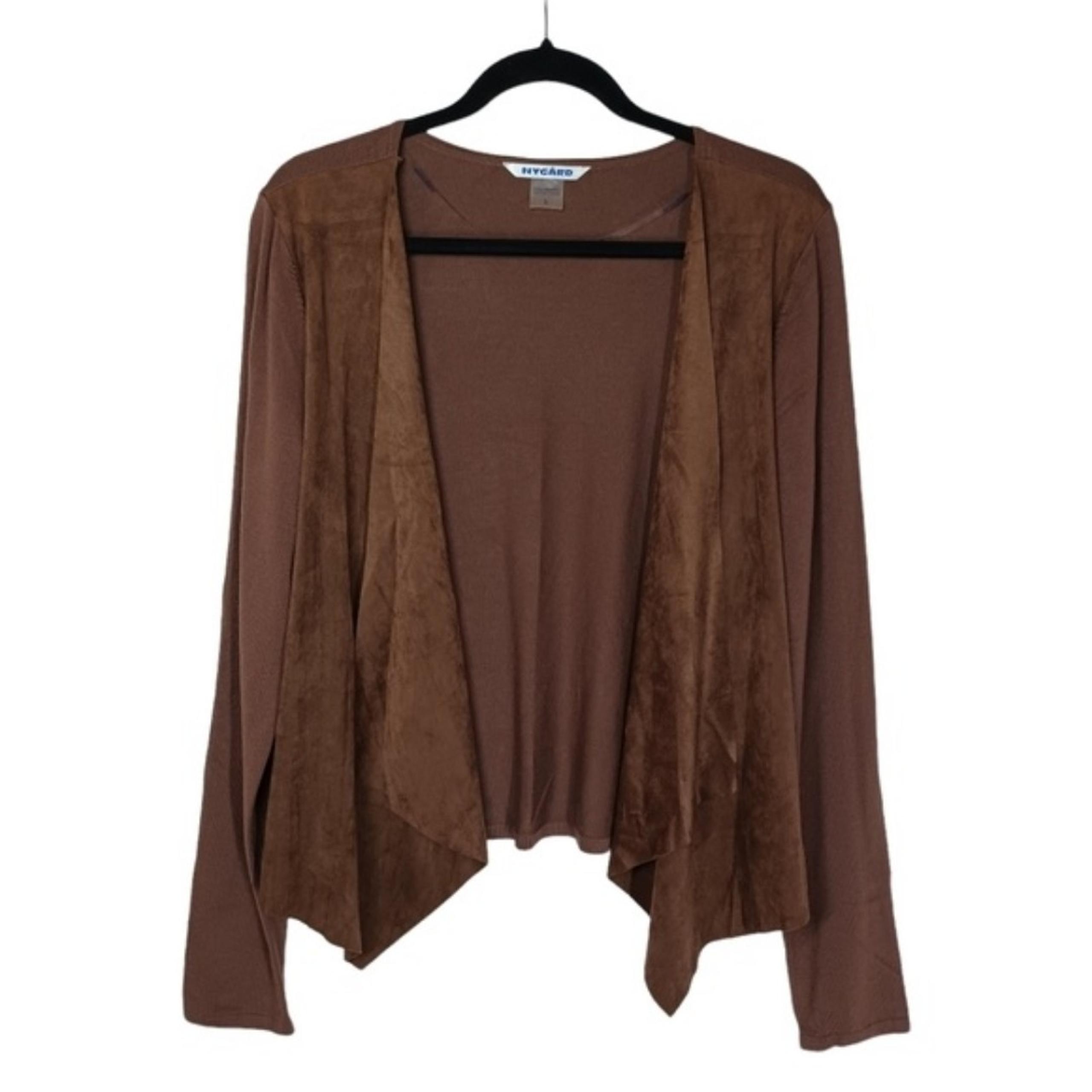 $79 PETER NYGARD Micro Suede Brown Open Drape Long Sleeve Cardigan Sweater L NWT