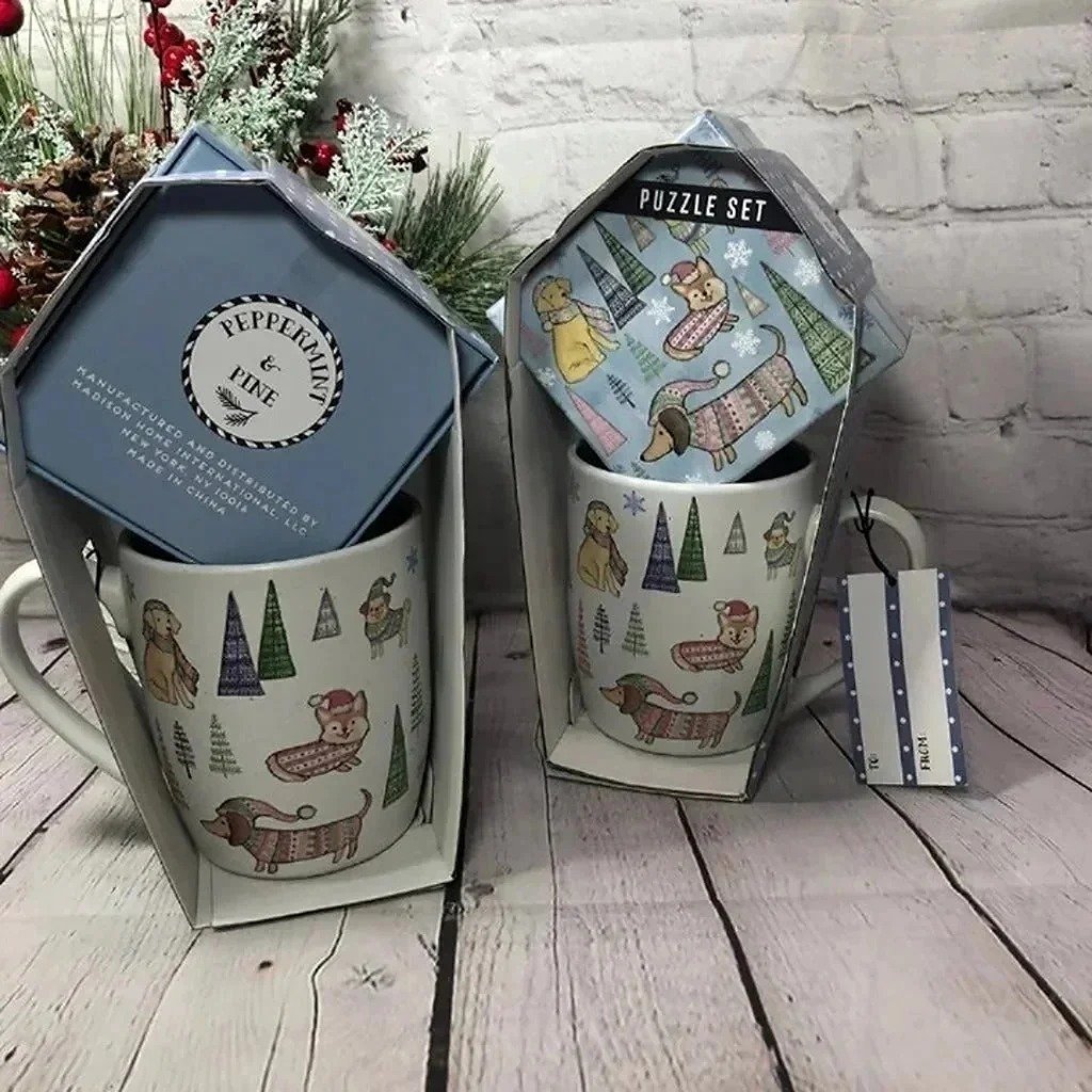 Peppermint & pine ceramic mugs and puzzle set dachshunds