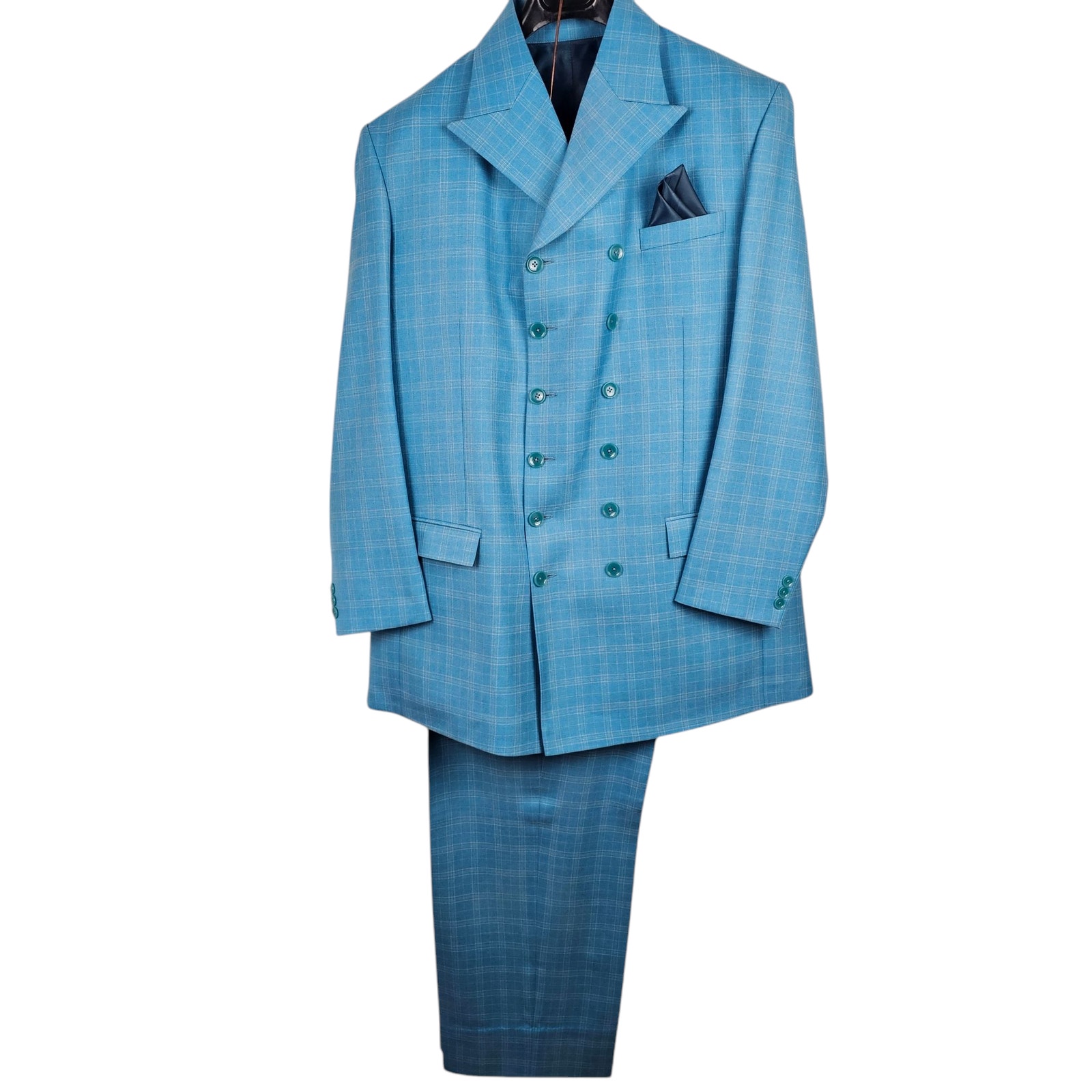 Vintage 1980s Men's suit plaid sky blue double breasted jacket slacks L 44