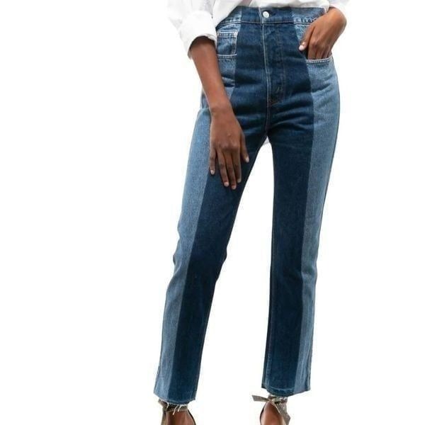 NWT E.L.V. Jeans Women's 26 Blue Twin Straight Leg Raw Hem Two Tone High Rise