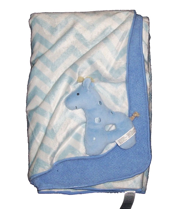 NEW Carters Just One You Blue White Chevron Sherpa Baby Blanket Giraffe Rattle