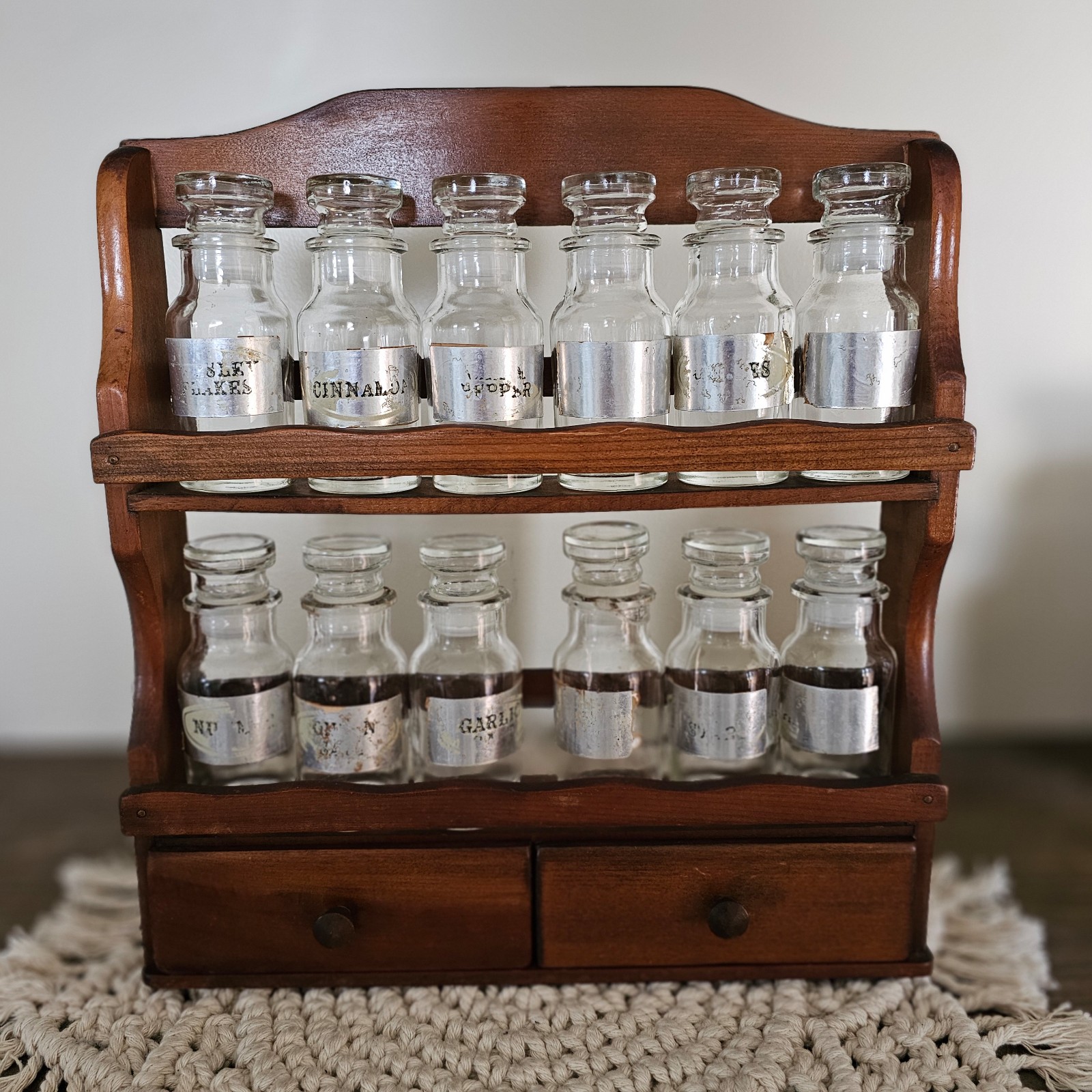 Vtg Wooden Spice Rack w/Jars with Apothecary Drawers 11 x 12