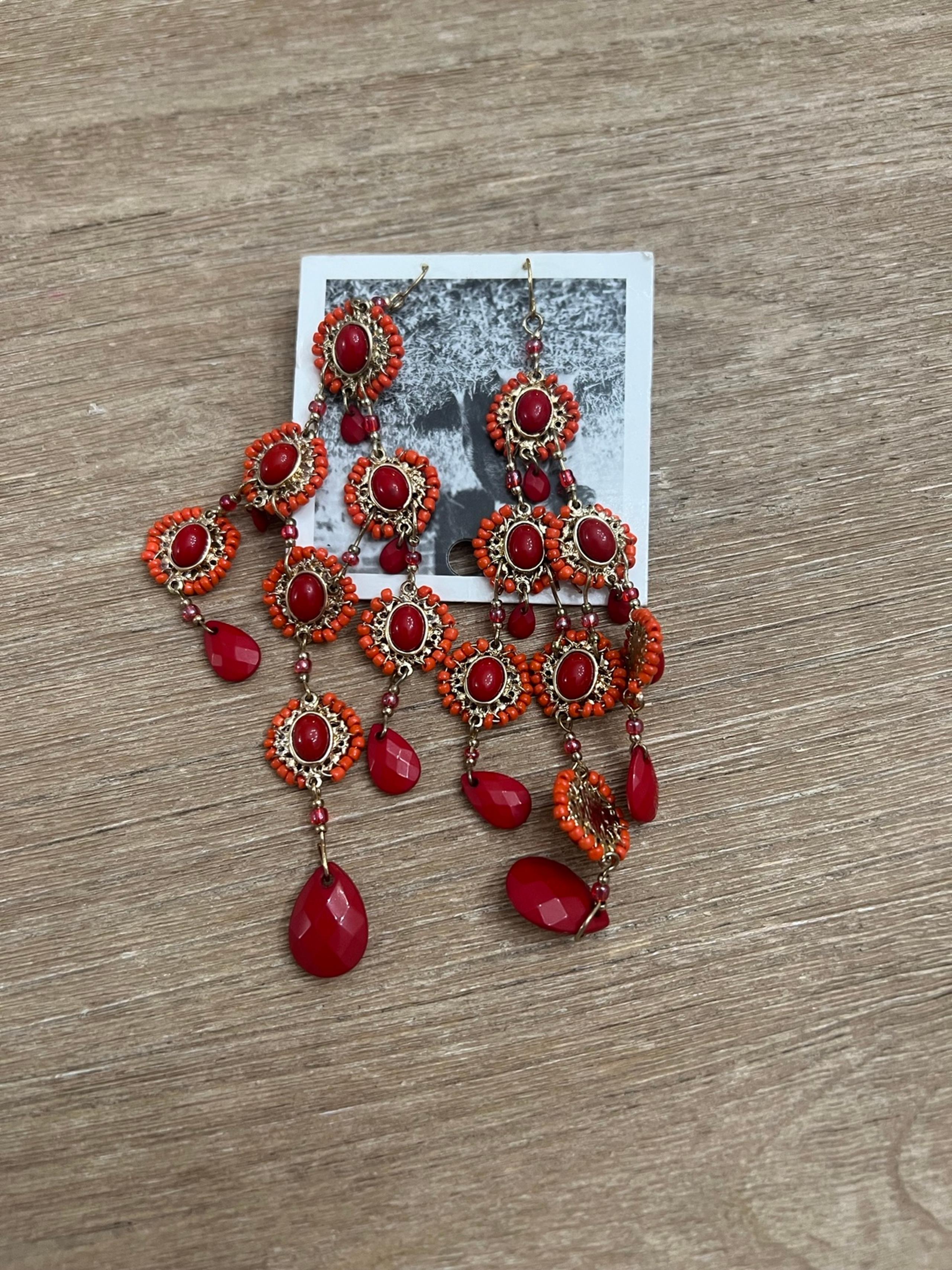 Anthropologie red and orange beaded chandelier drop earrings