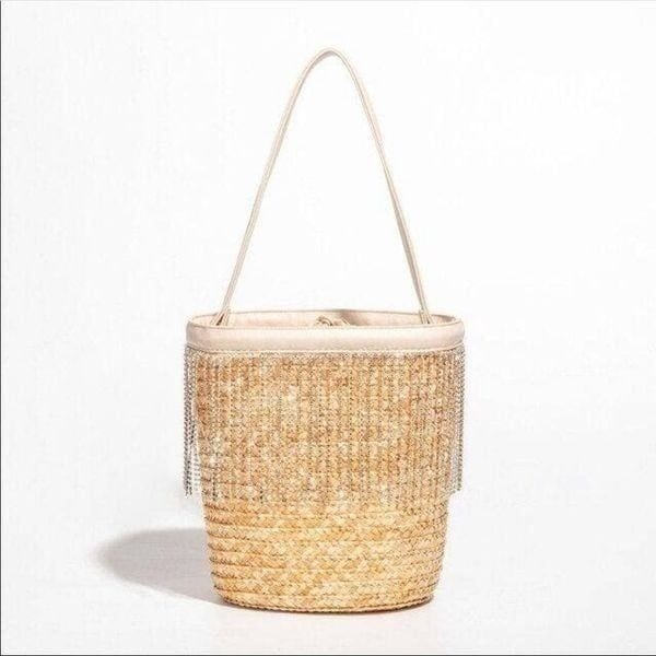 NWT Straw Crystal Fringe Bucket Bag