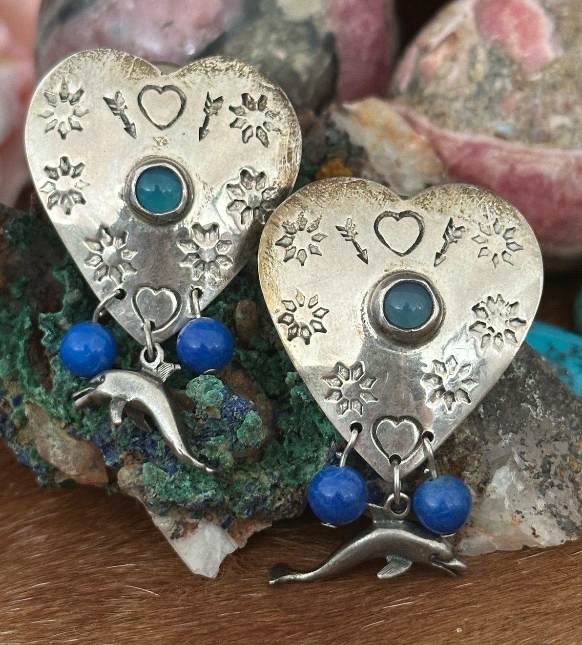 Vintage Taxco heart dolphin sterling silver earrings