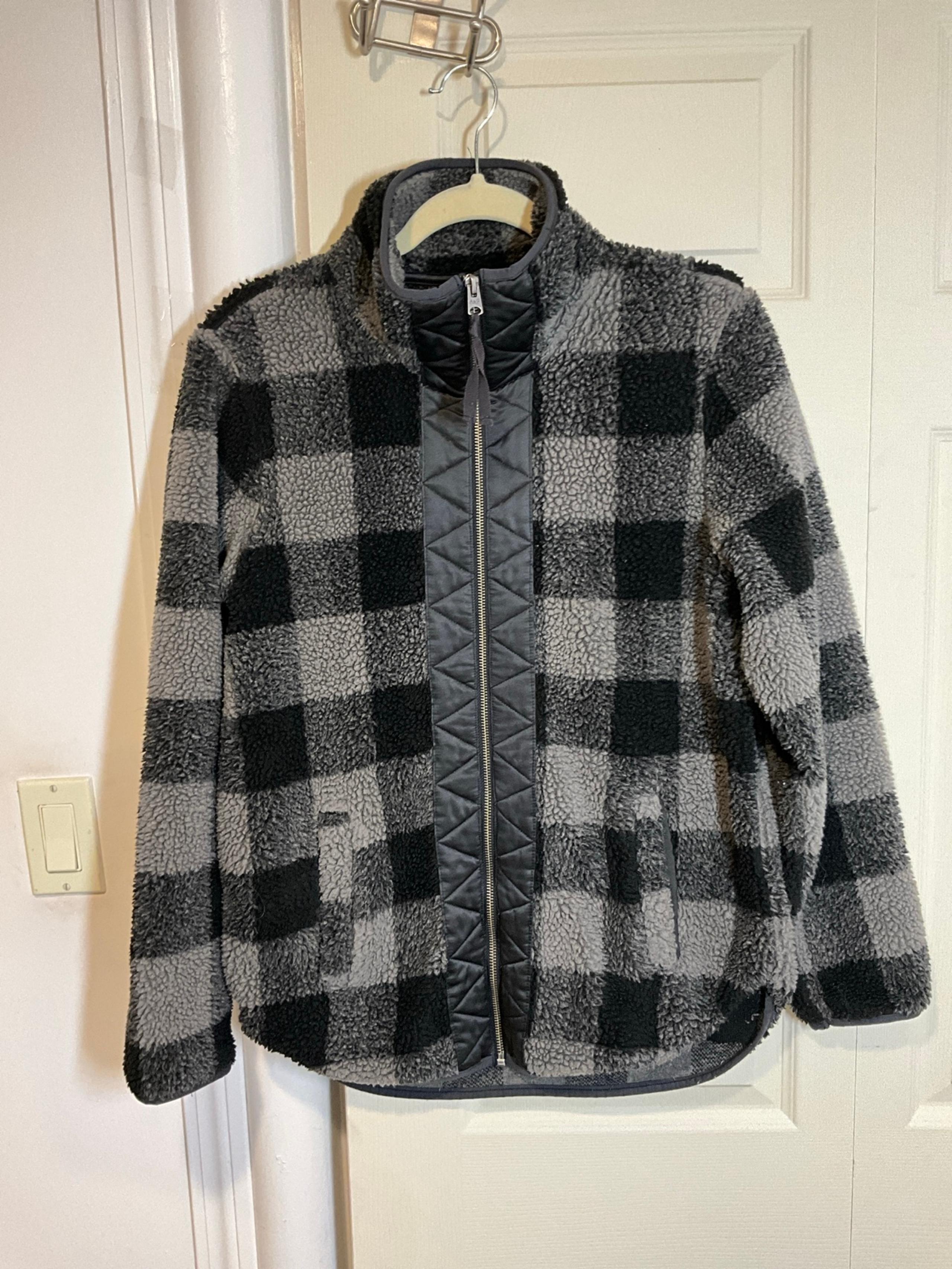 Abercrombie Fitch Fleece Full Zip Sweater Faux Leather Trim Buffalo Checks M