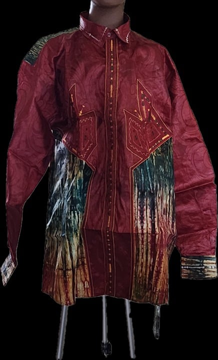 African Men's basin motif Shirt long sleeve with embroidered XL