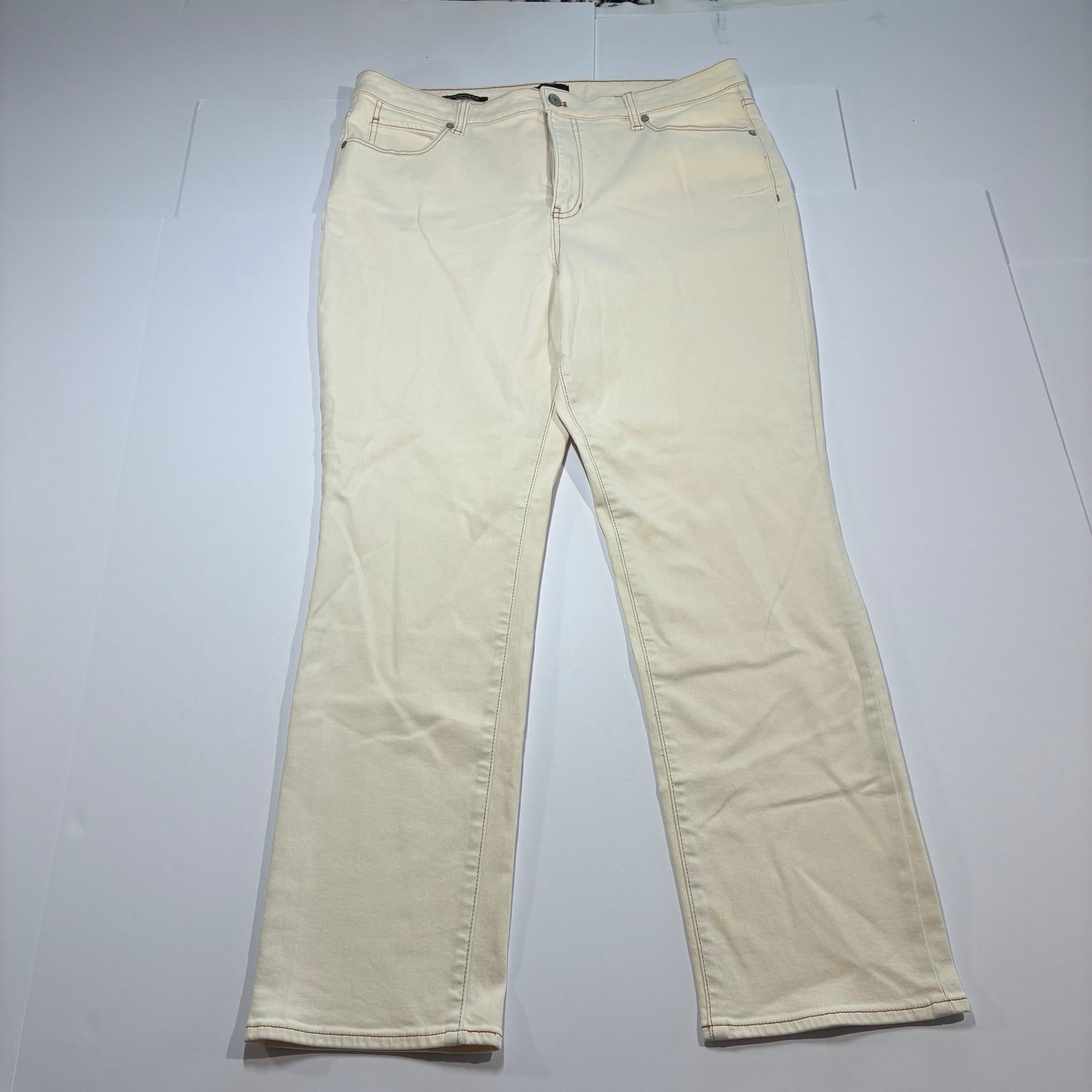 Talbots Straight Leg Jean Cream Ivory Brown Stitching Size 16