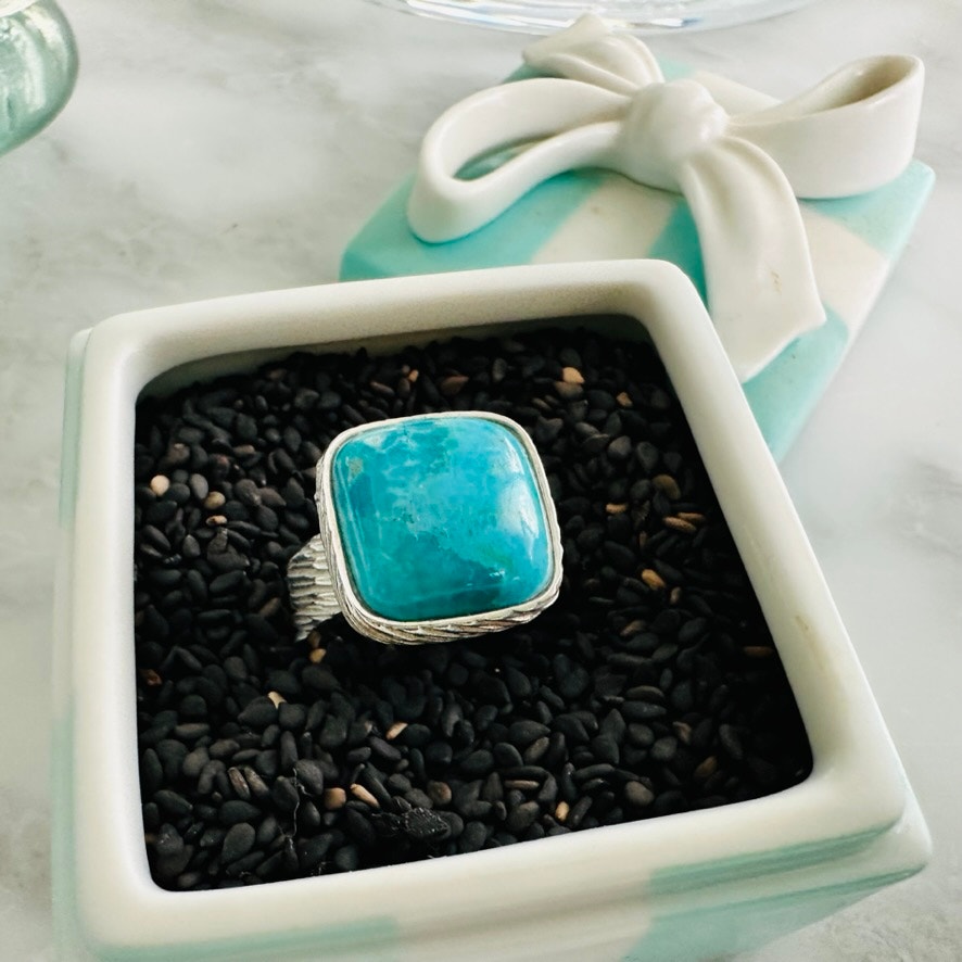 Turquoise Cushion Bezel Set .925 Sterling Silver Band Ring Size 7 HSN Jay King