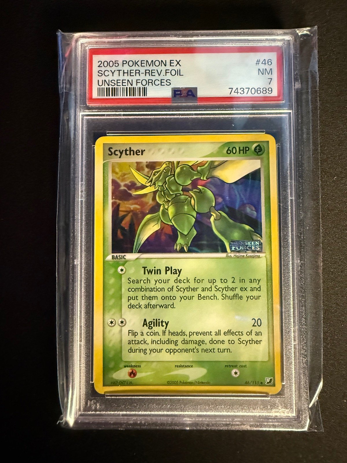 PSA 7 NM Scyther 46/115 Reverse Holo STAMPED 2005 Unseen Forces Pokémon Card