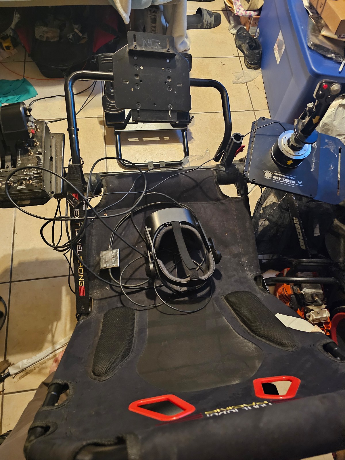 Next Level Flight Sim Chair, Thrustmaster Warthog Hotas, Logitech Flight Pedals.