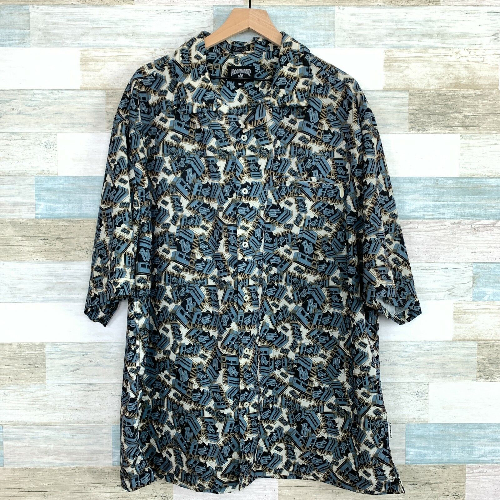 Rocawear Denim All Over Print Spell Out Hawaiian Camp Shirt VTG 90s Mens XXL 2XL