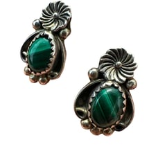 Vintage Sterling Navajo Signed Richard Begay Malachite Pierced Earrings