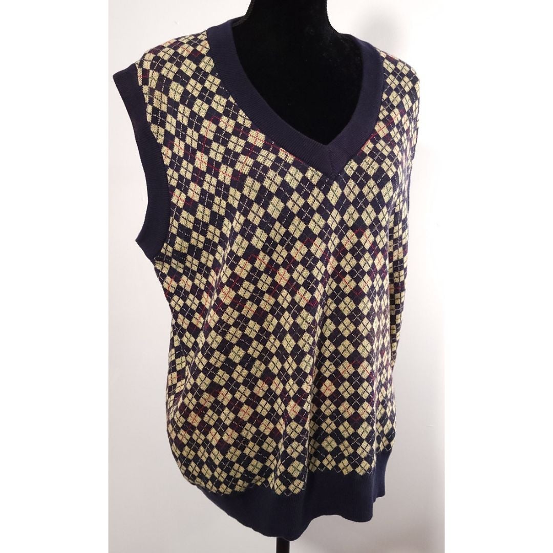 Byford London New York Argyle Print 100% Cotton Sweater Vest Navy Blue Tan Sz L