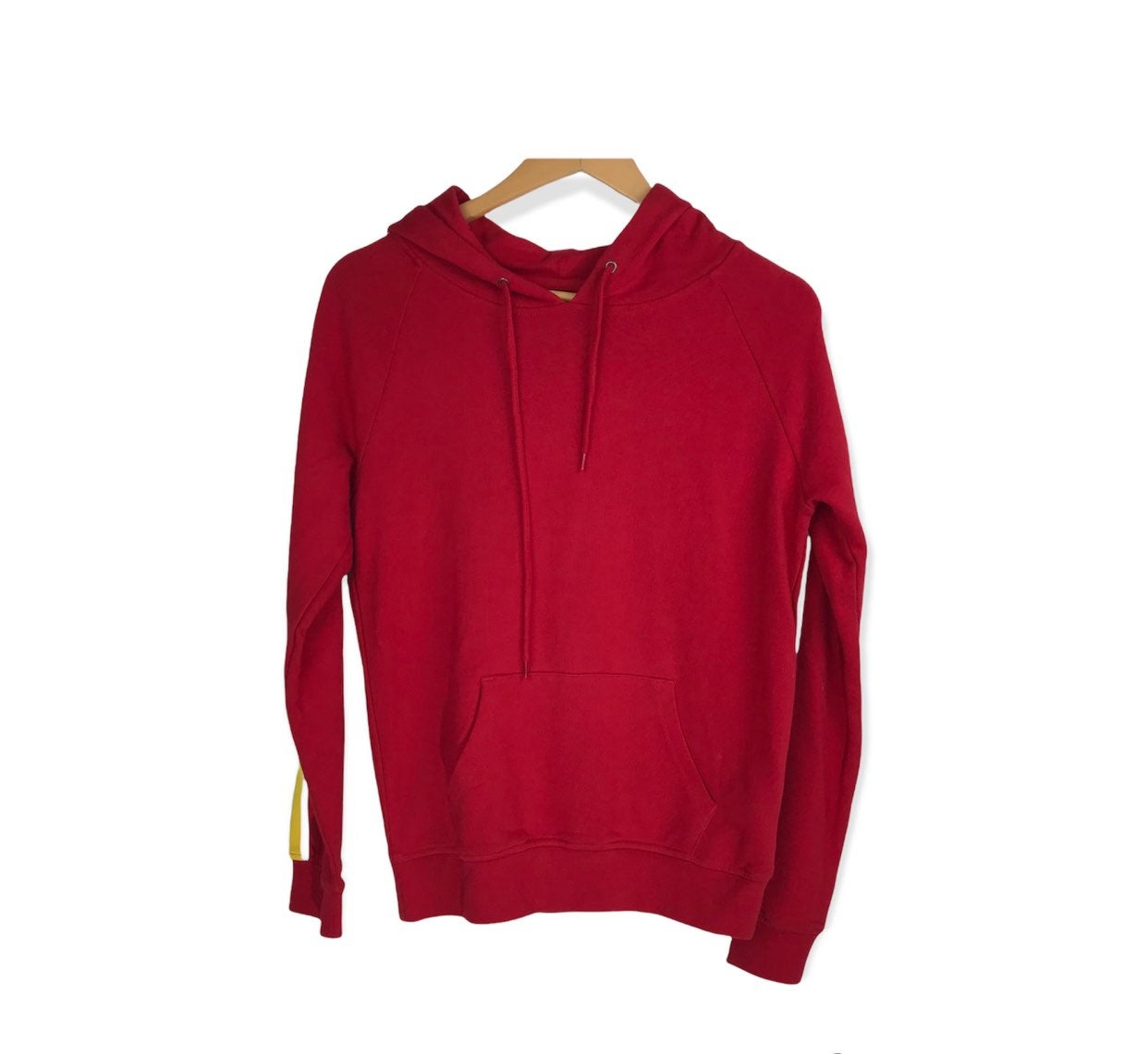 Zine Red Hoodie Yellow White Stripe Arms Unisex