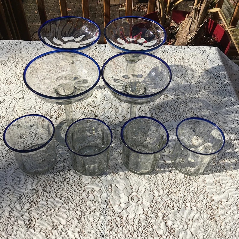 Barware Set Of Martini/Daiquiri With Whiskey Glasses From Mexico Vintage 1960's.