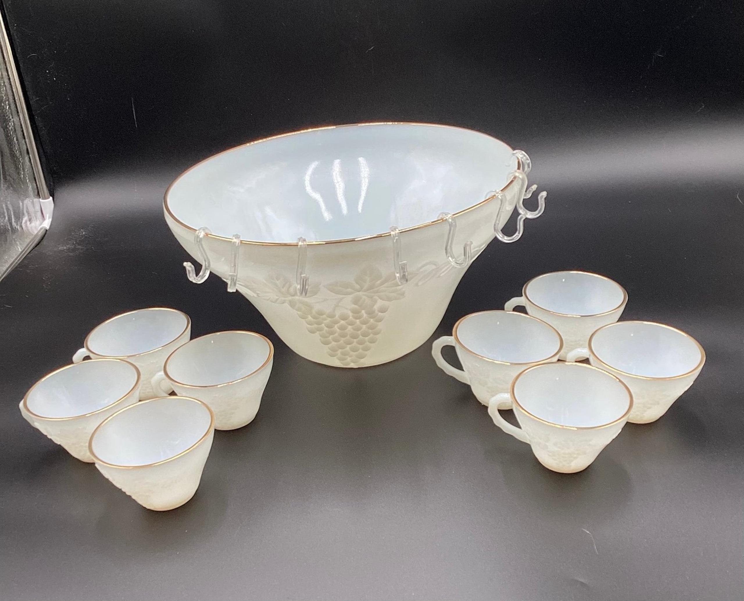 anchor hocking grape milk glass punch bowl and cups