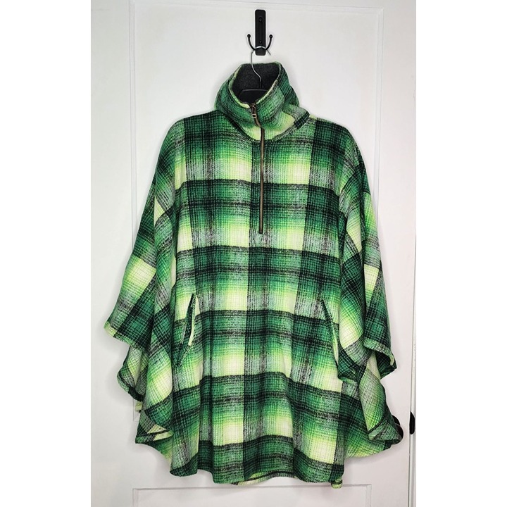 FREE PEOPLE Woodstock Brushed Plaid Poncho Cape Green/Blk One Size NEW 168 Boho