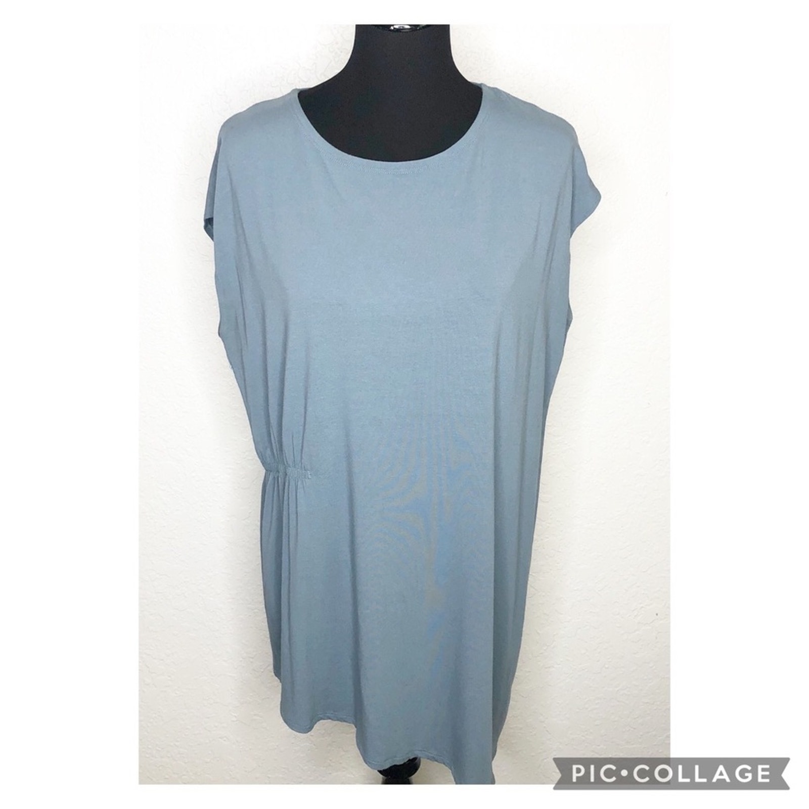 Eileen Fisher blue cap sleeve asymmetrical hem knit tunic top size Medium