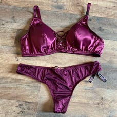 VS Vintage very sexy burgundy / maroon strappy lace up bralette & thong panty