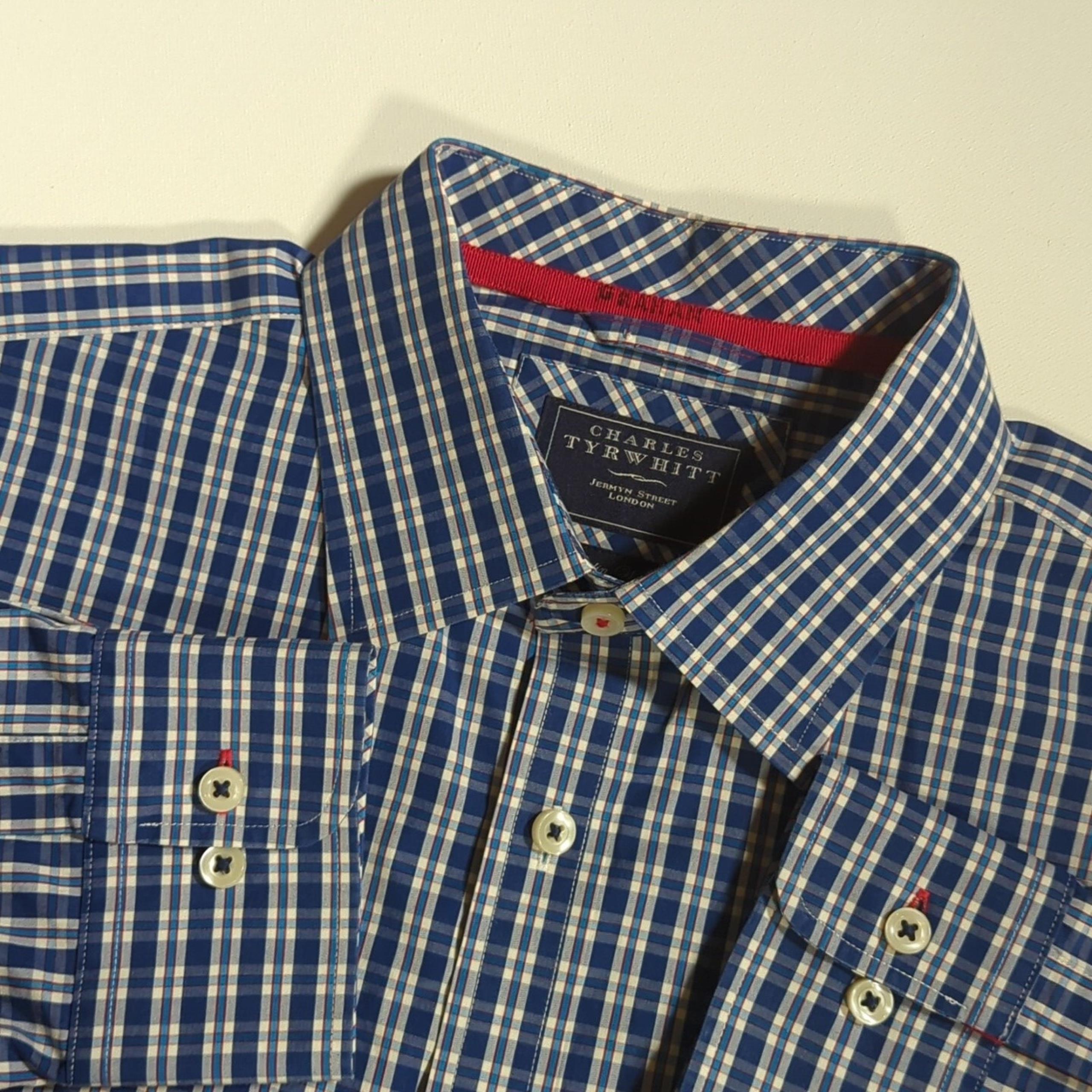 CHARLES TYRWHITT Shirt Men's L Blue Plaid Poplin Weave Long Sleeve Button
