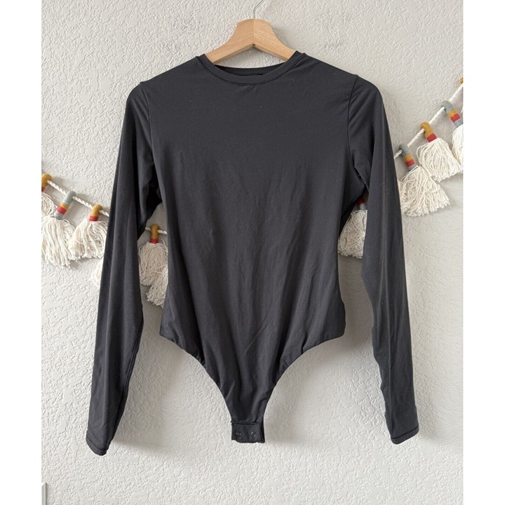 Skims Fits Everybody Long Sleeve Crewneck Thong Bodysuit Black Basics Comfort L