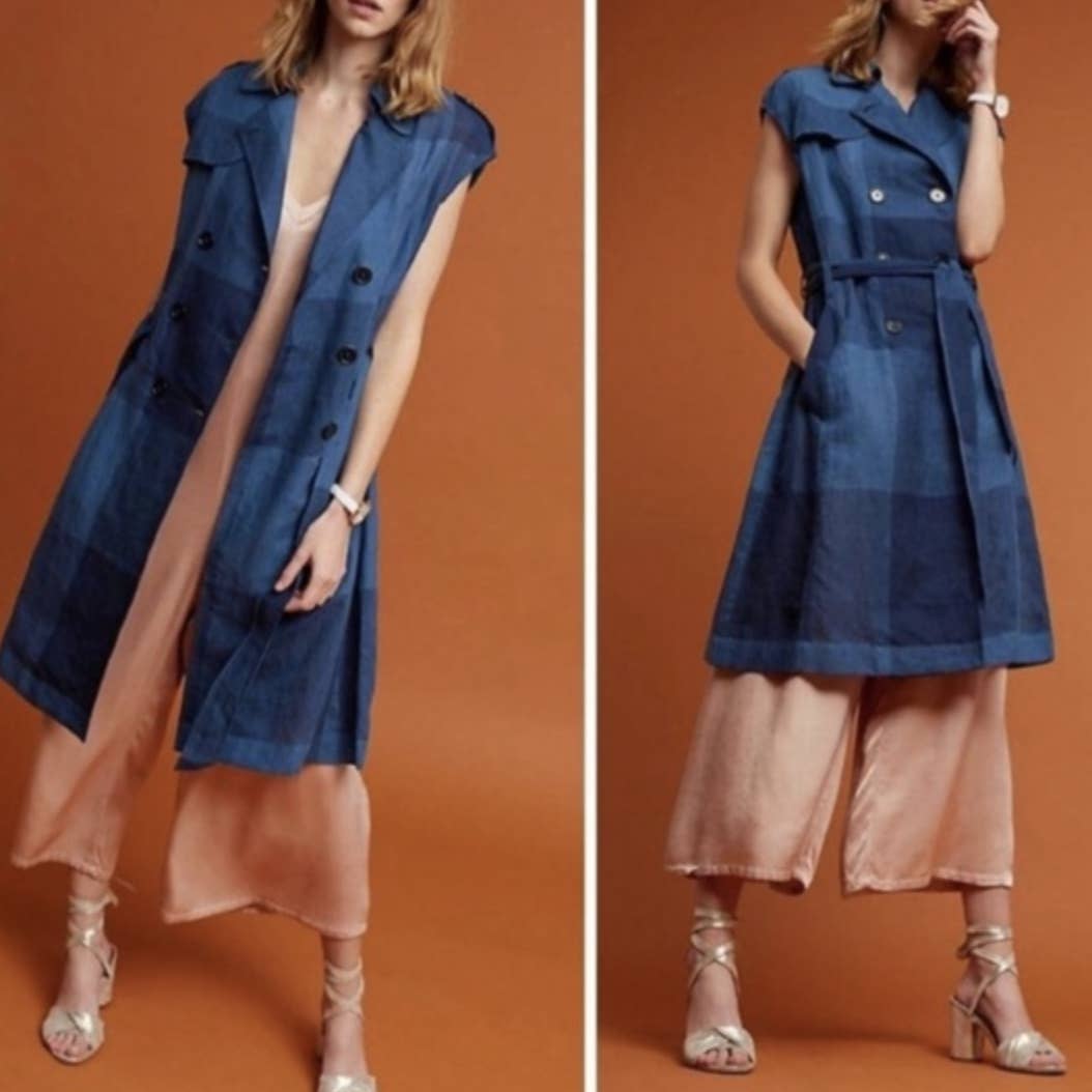Size XS Eva Franco Linen Checkered Plaid Trench Dress