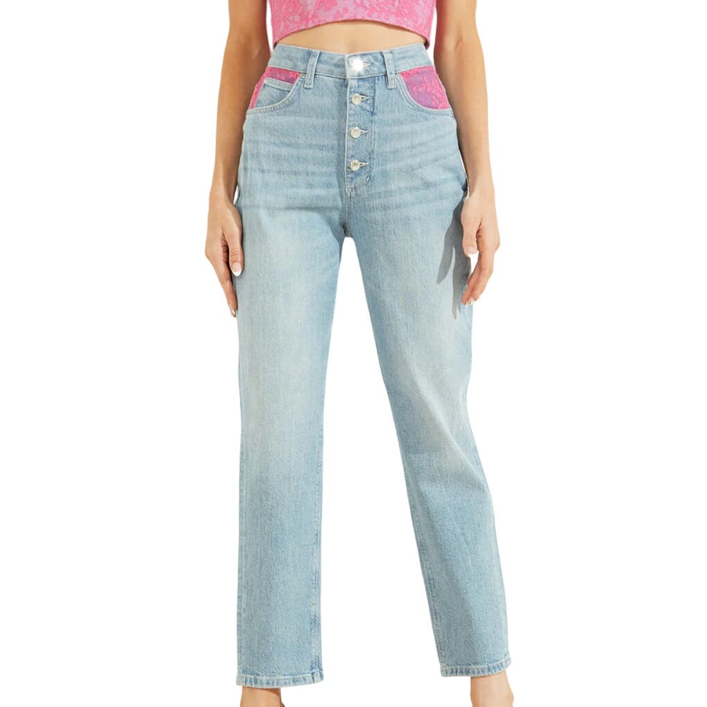 Guess Pink Lace Exposed High Rise Mom Jeans 27 Size 27