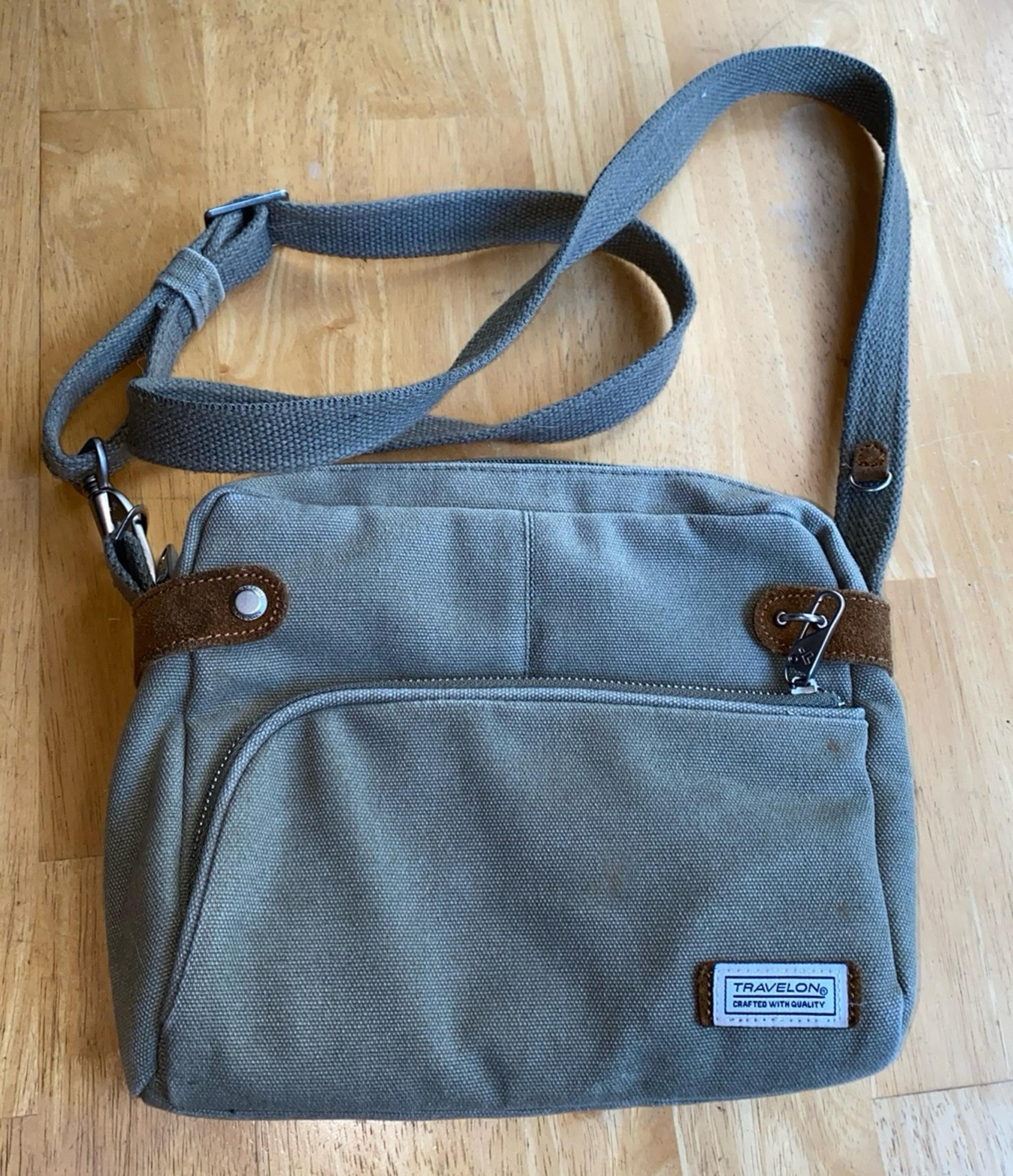 Travelon Women's RFID Heritage Pewter Canvas & Suede Crossbody Shoulder Bag pre-