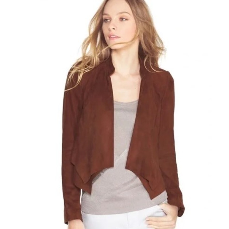 White House Black Market Suede Ruffle Jacket Size Small Mahogony Bown Fall