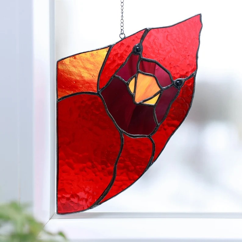 Red Cardinal Suncatcher, Birthday Gift for mother-in-law, Stained Glass Window H
