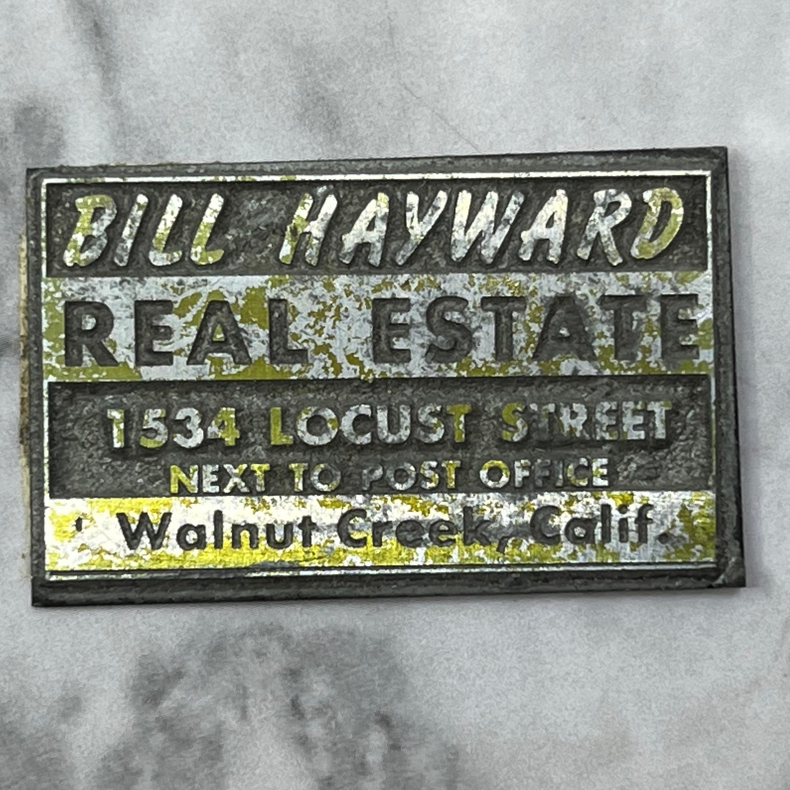 Vintage Printers Block Plate Bill Hayward Real Estate Walnut Creek CA SE828