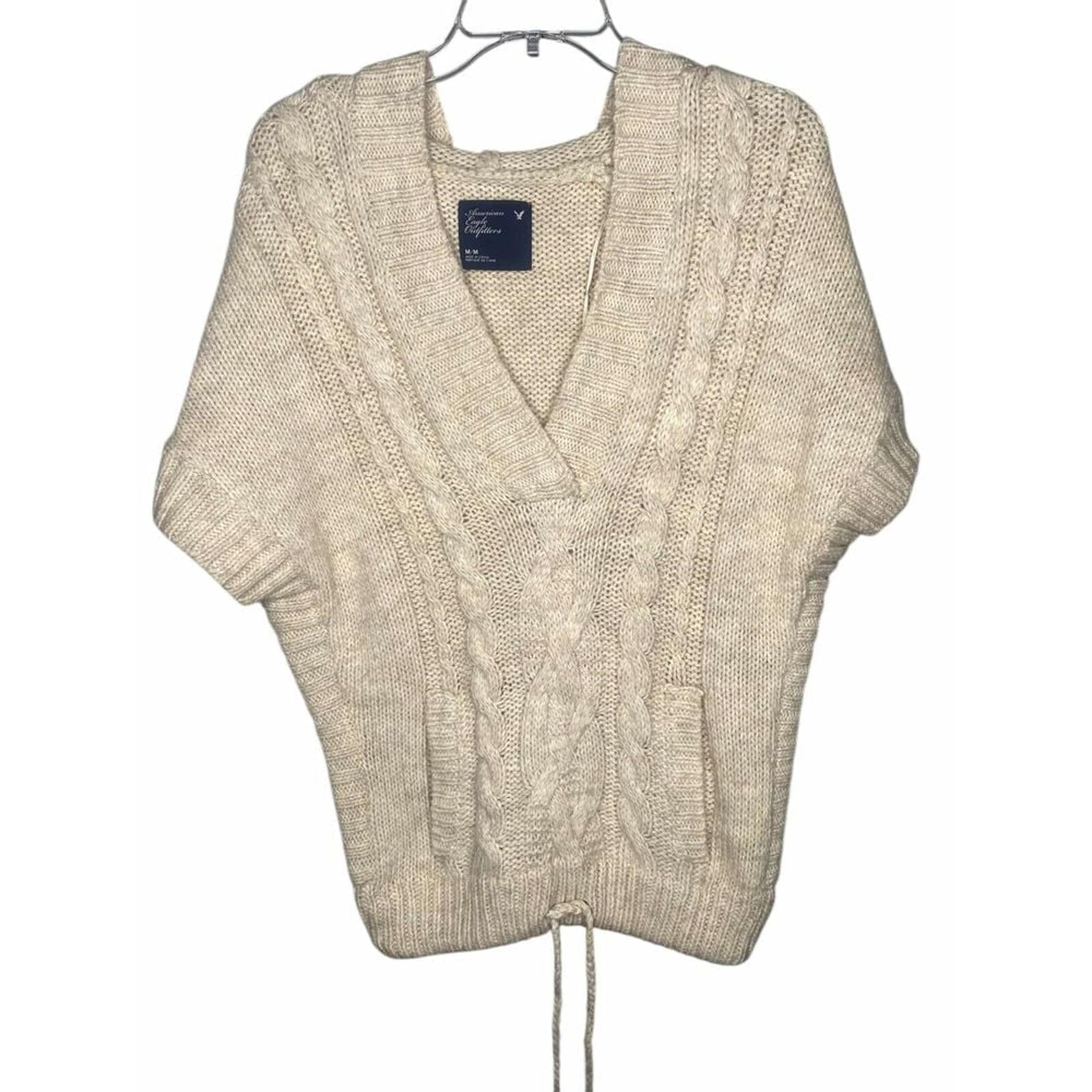 American Eagle Sweater Womens size M Beige Alpaca Wool Blend Hooded Short Sleeve