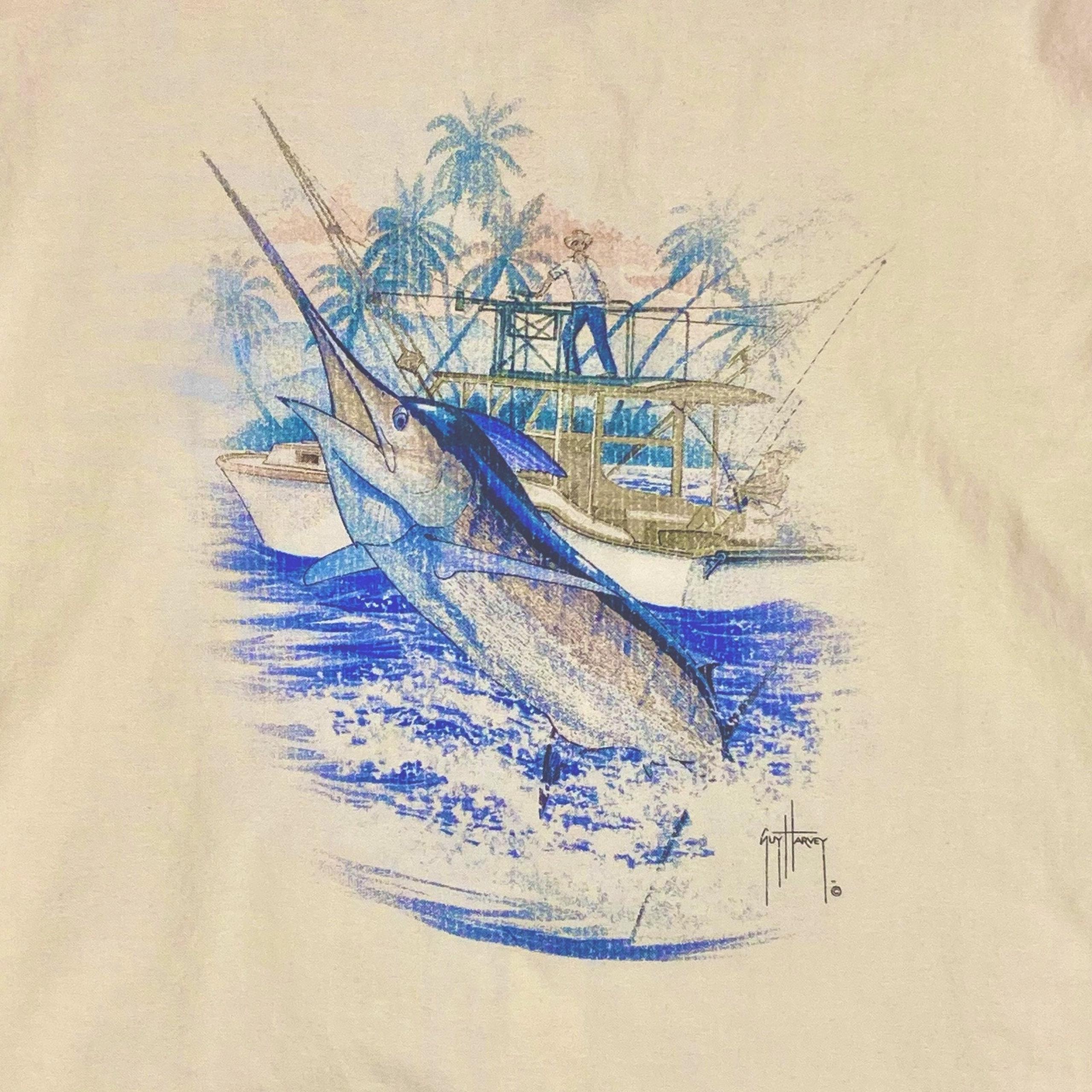 Guy Harvey Mens XL Blue Water Marlin Yellow Long Sleeve Roll Tab Fishing Shirt