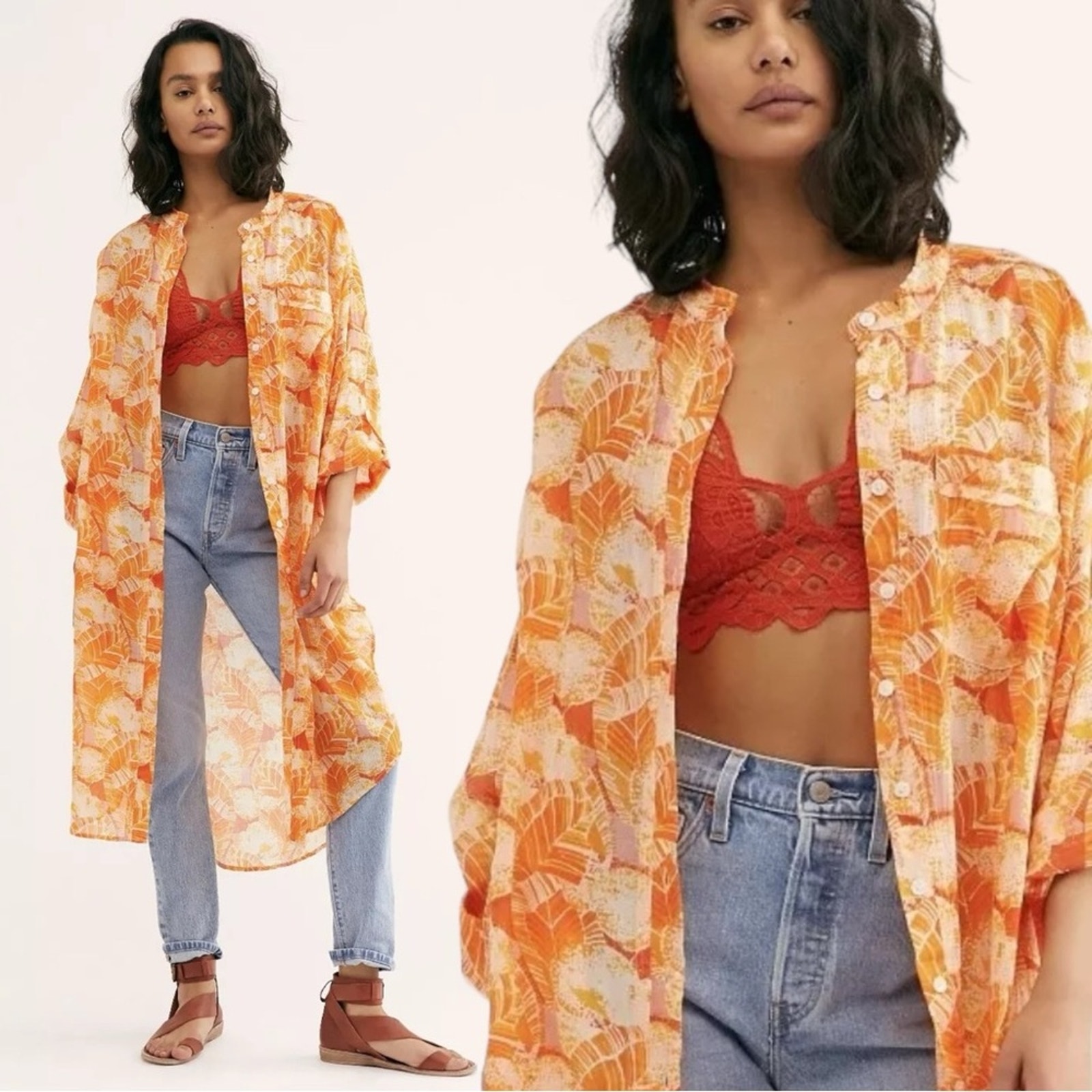 Free People Tropical Hawaiian Maxi Top Cover up Tangerine Cream Small One Size